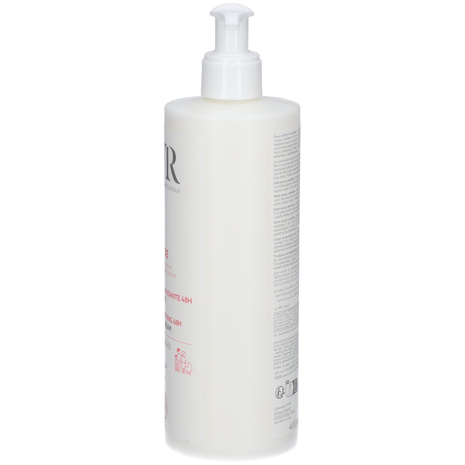 Flacone SVR Topialyse Crema con erogatore a pompa, 400ml, vista laterale.