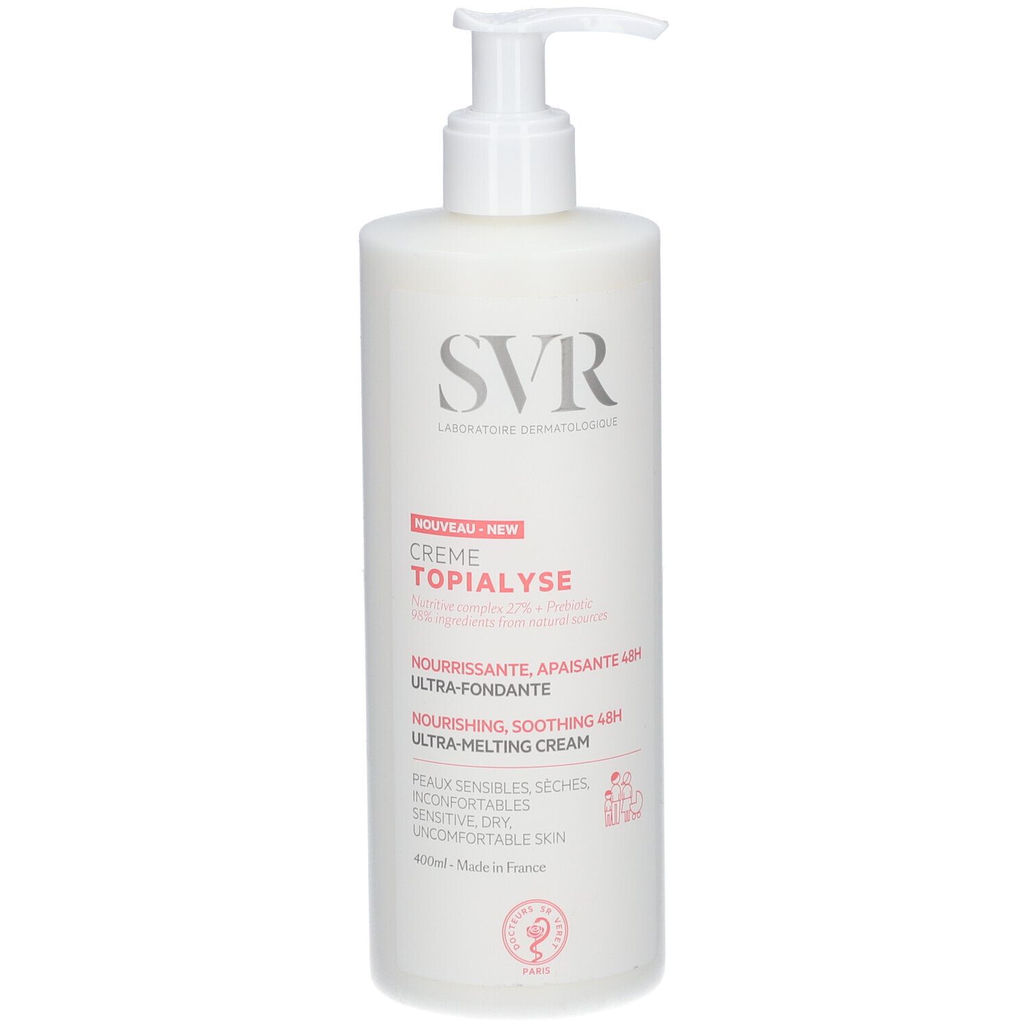 Flacone SVR Topialyse Crema con erogatore a pompa, 400ml, vista frontale.