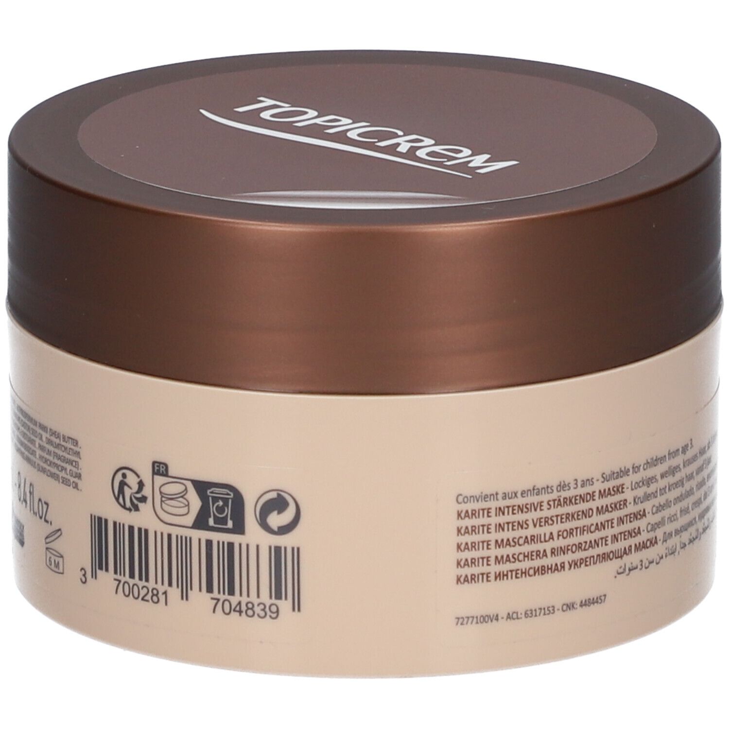 Contenitore Topicrem con coperchio marrone e corpo beige. Contiene testo e codice a barre.