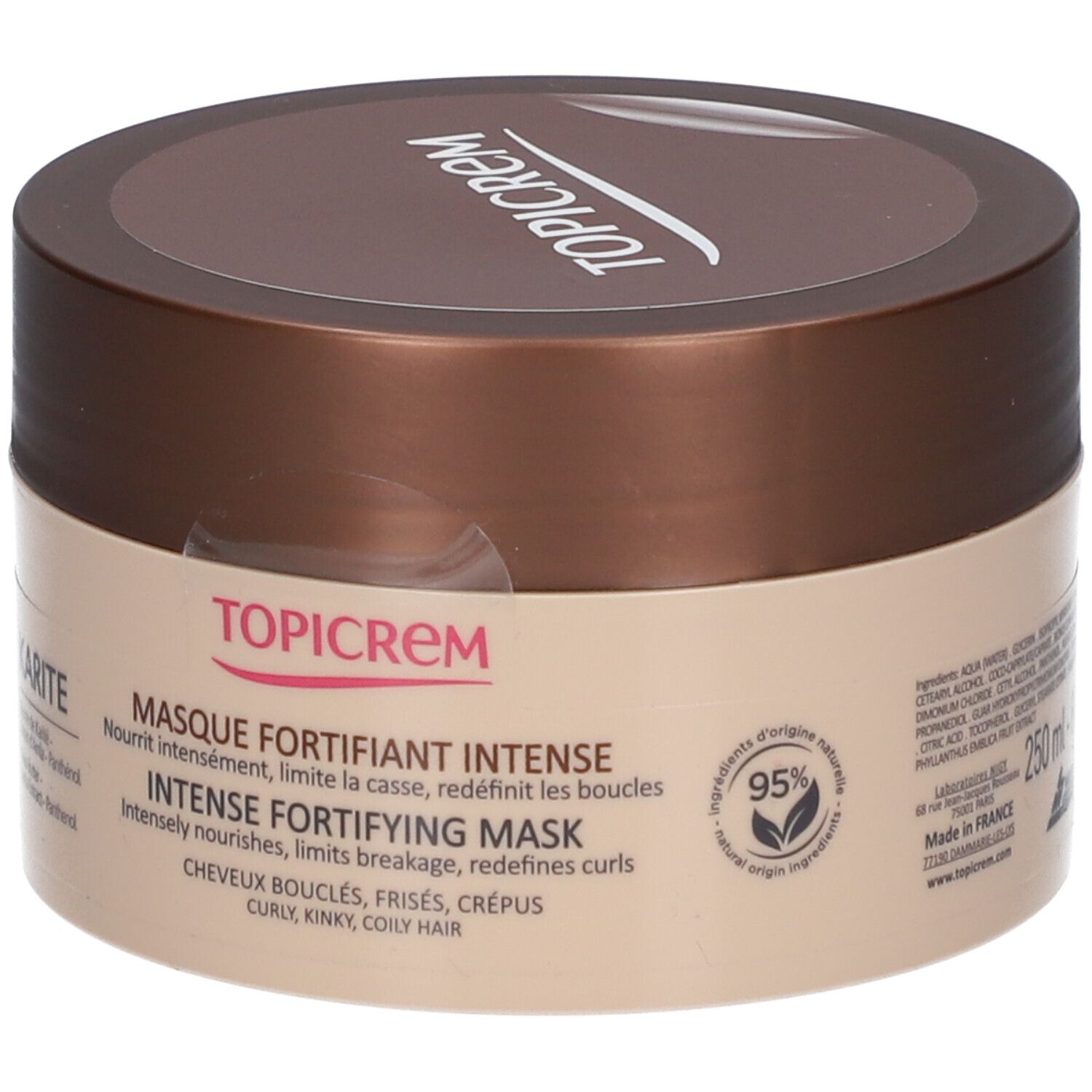 Topicrem Maschera Fortificante Intensa, vasetto marrone con etichetta.
