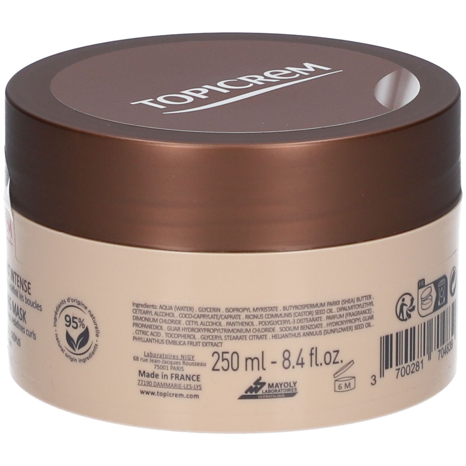 Vasetto TopiCrem beige con coperchio marrone, 250 ml. Contiene ingredienti e paese di produzione.