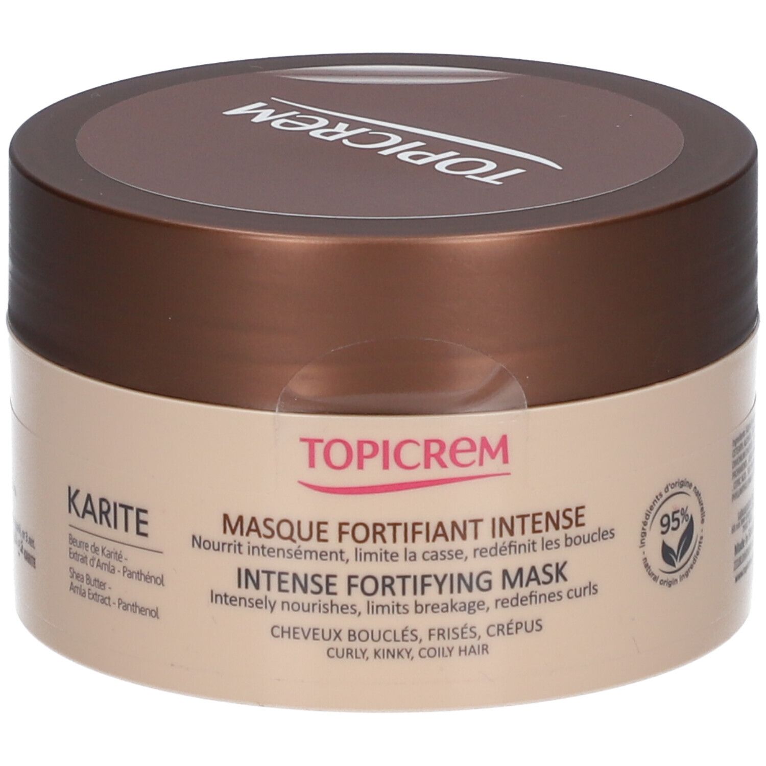 Topicrem Maschera Fortificante Intensa per capelli ricci. Vasetto marrone con etichetta.