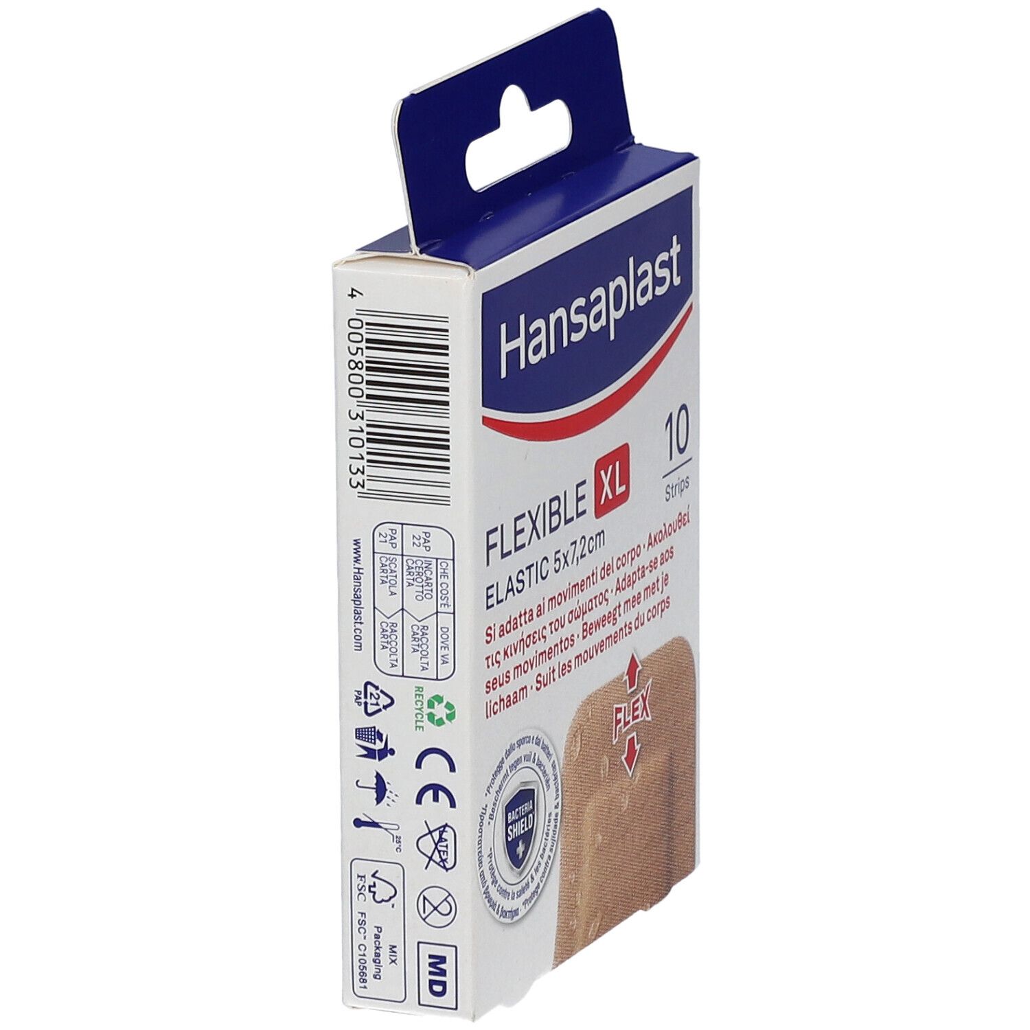Vista laterale della confezione di cerotti Hansaplast Flexible XL Elastic. Informazioni sul prodotto, codice a barre e simboli di riciclaggio.