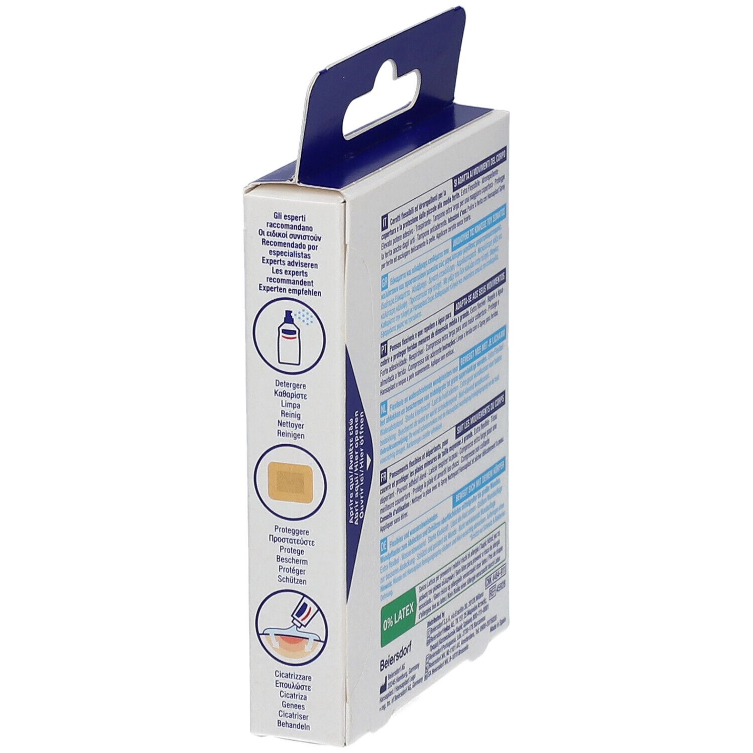 Vista laterale della confezione di cerotti Hansaplast Flexible XL Elastic. Informazioni sul prodotto e pittogrammi.
