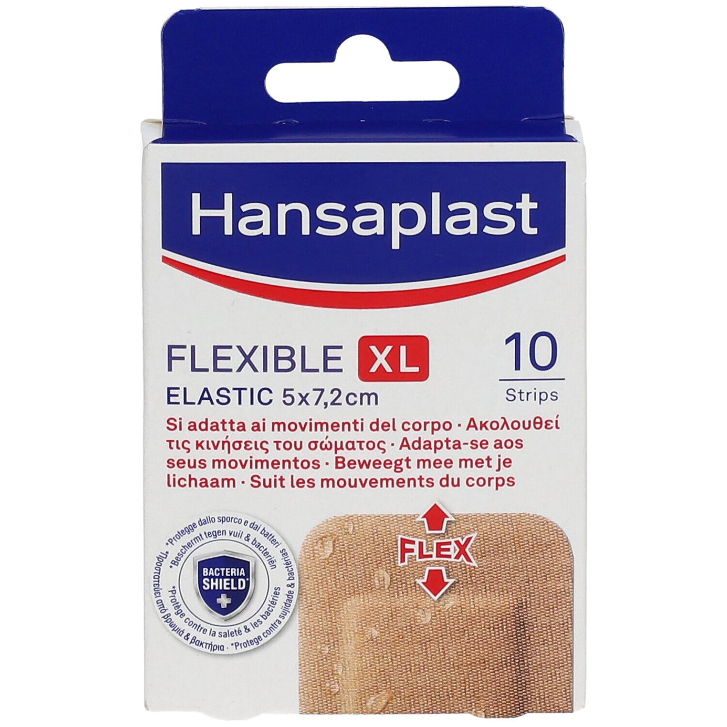 Confezione di cerotti Hansaplast Flexible XL Elastic, 10 pezzi, 5x7,2 cm. Imballaggio con immagine del prodotto e simbolo Flex.