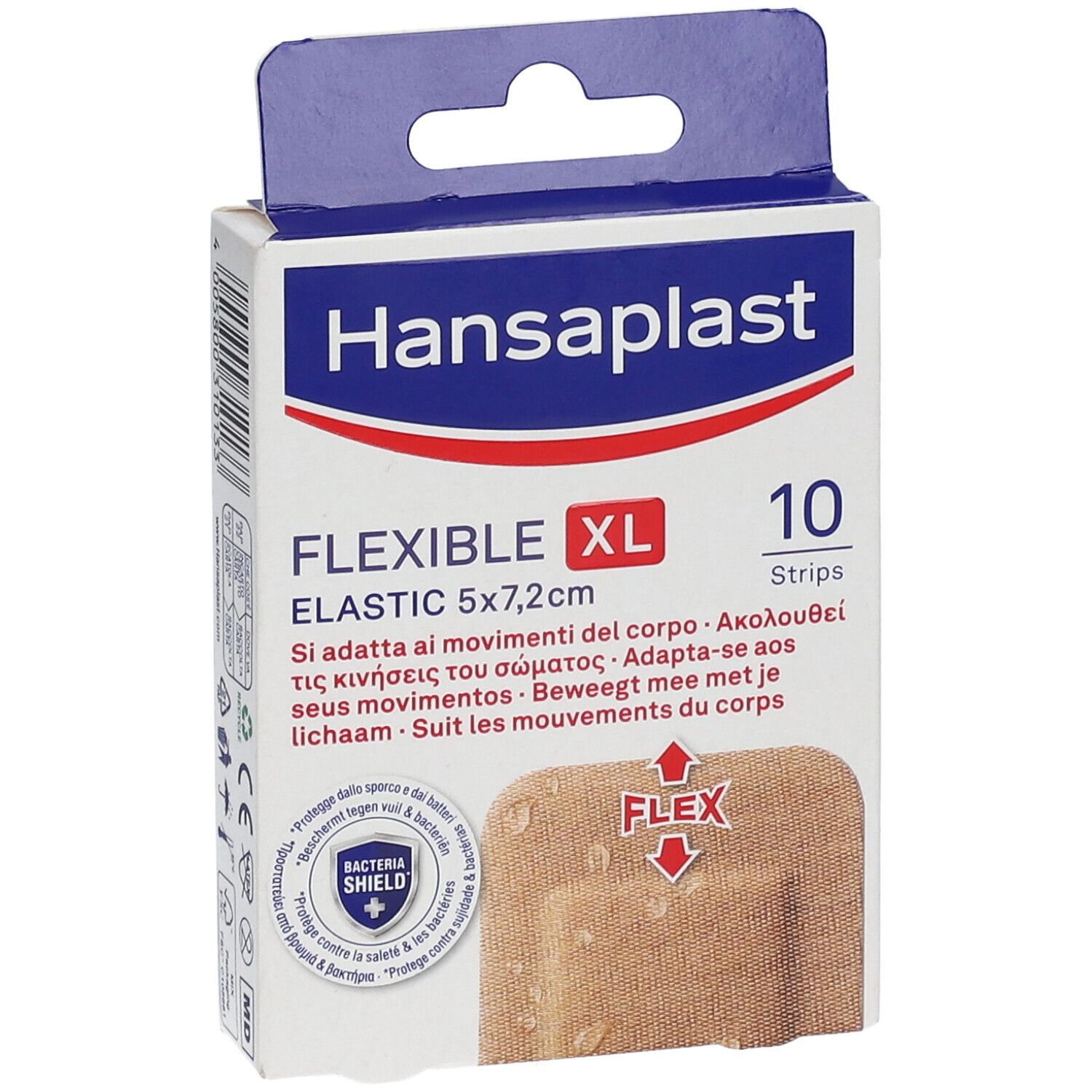 Confezione di cerotti Hansaplast Flexible XL Elastic, 10 pezzi, 5x7,2 cm. Imballaggio con immagine del prodotto e simbolo Flex.