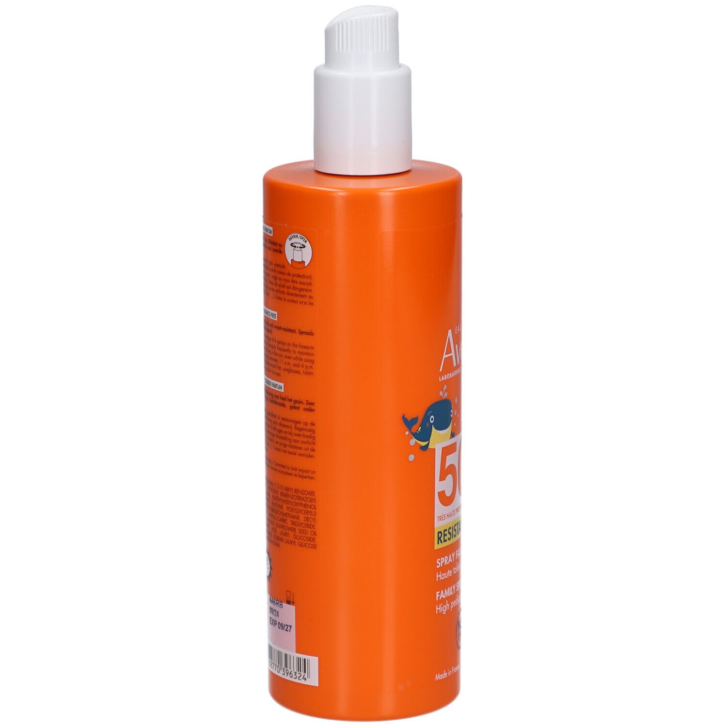 Retro di un flacone spray arancione. Testo: Avène, informazioni, codice a barre, certificazioni.