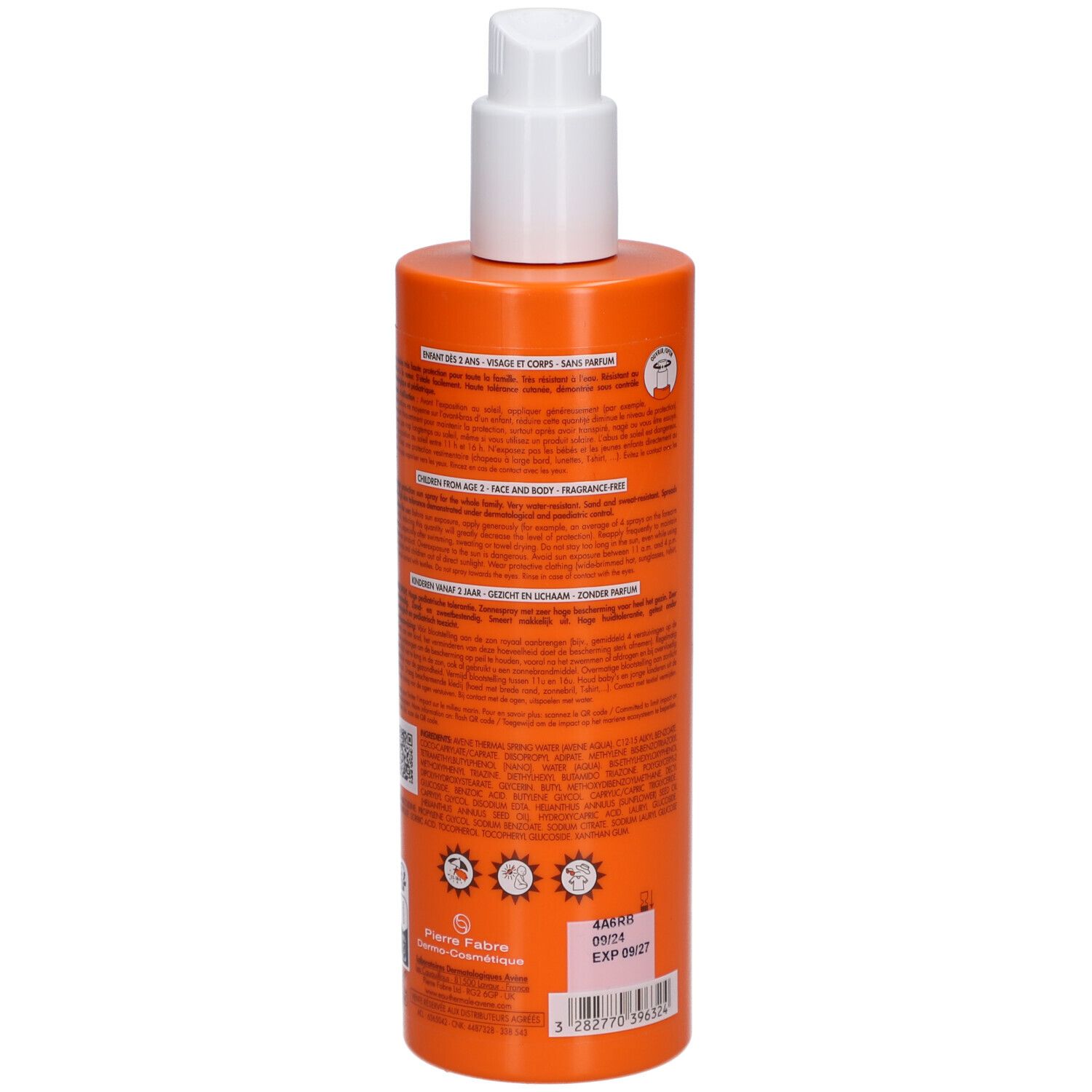 Retro di un flacone spray arancione. Testo: Avène, informazioni, codice a barre, data di scadenza.