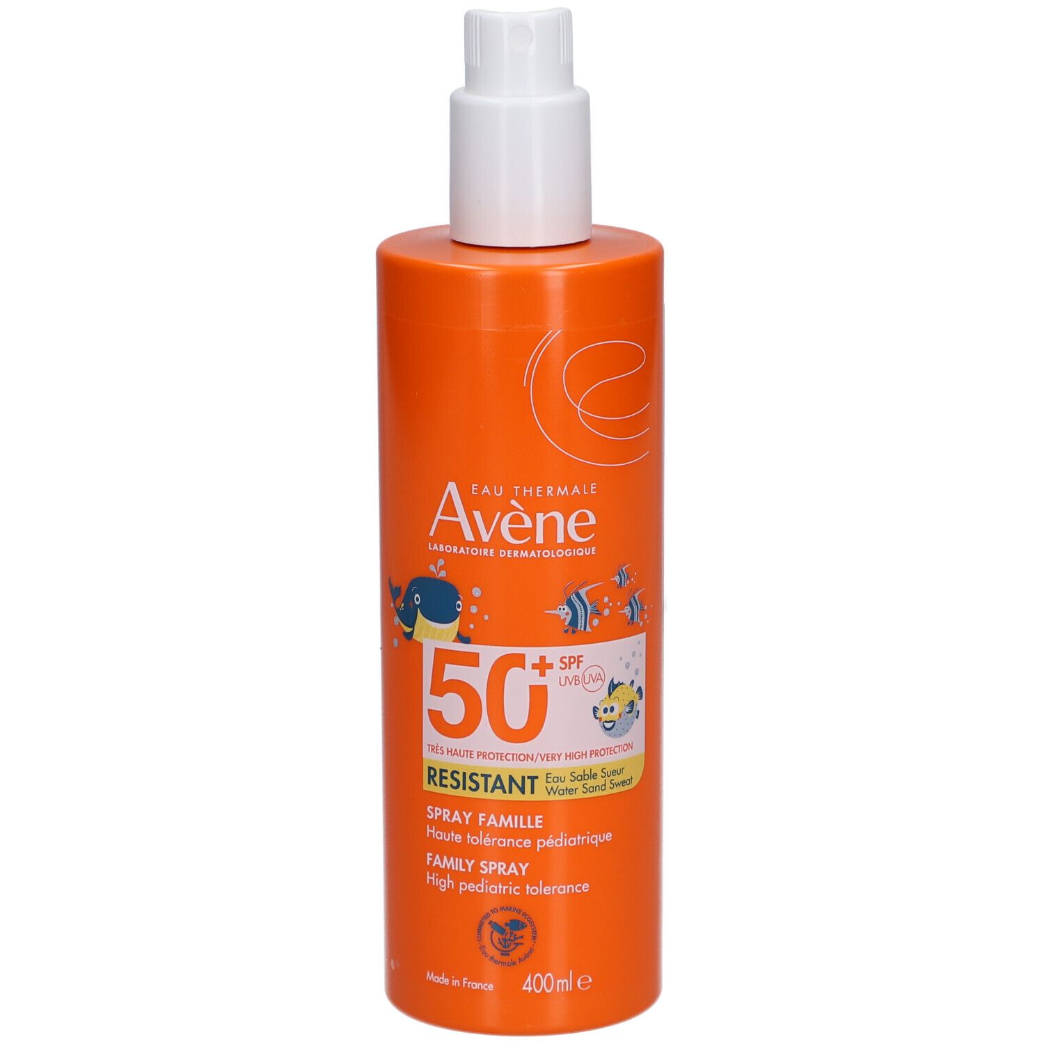 Flacone spray arancione con tappo bianco. Testo: Avène, 50+ SPF, Spray Famille, 400ml.
