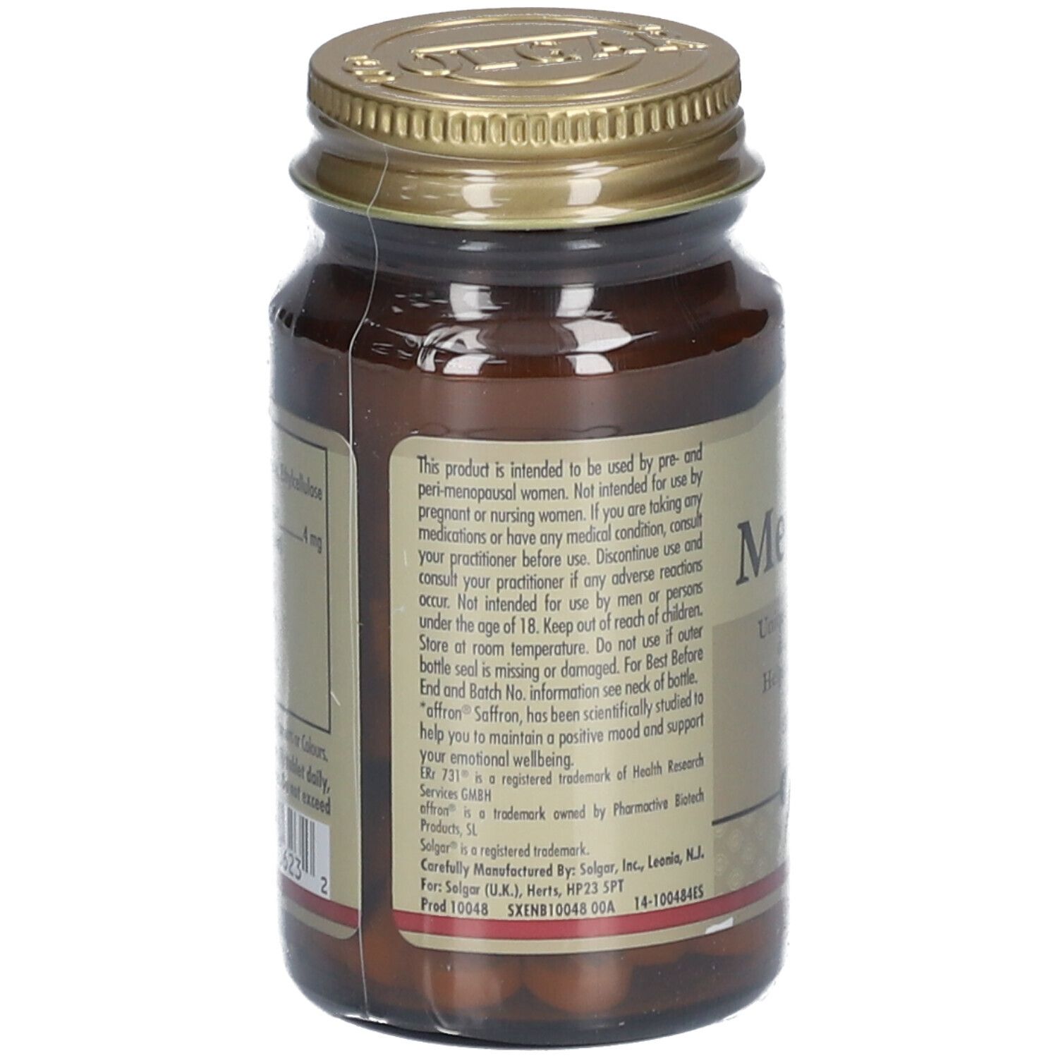 Retro del flacone di vetro marrone. Etichetta con testo. "Solgar MenoPrime".