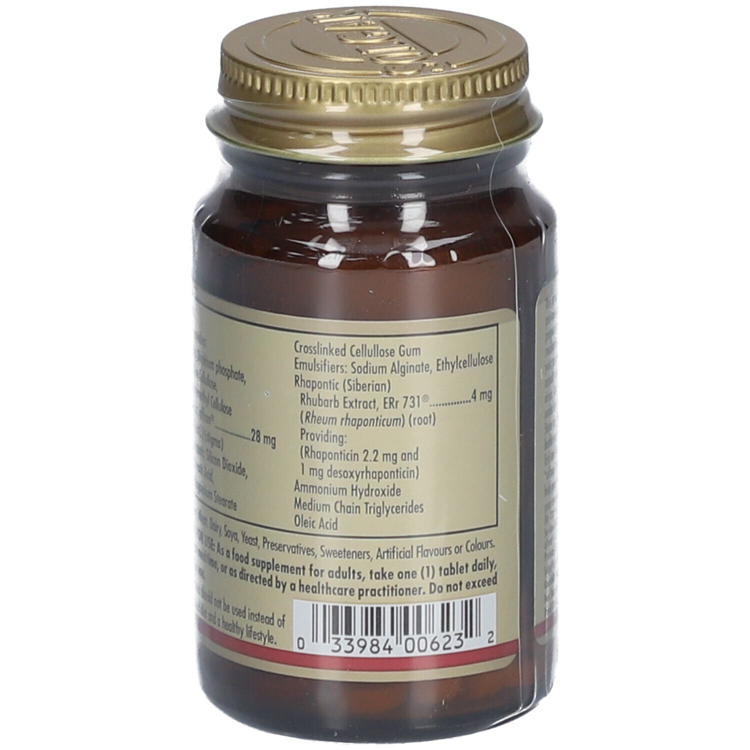 Retro del flacone di vetro marrone. Etichetta con ingredienti. "Solgar MenoPrime".