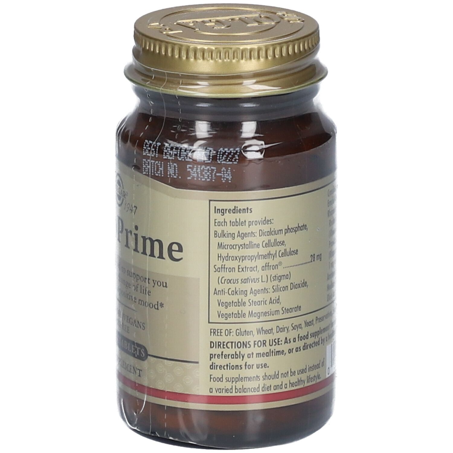 Retro del flacone di vetro marrone. Etichetta con ingredienti. "Solgar MenoPrime".