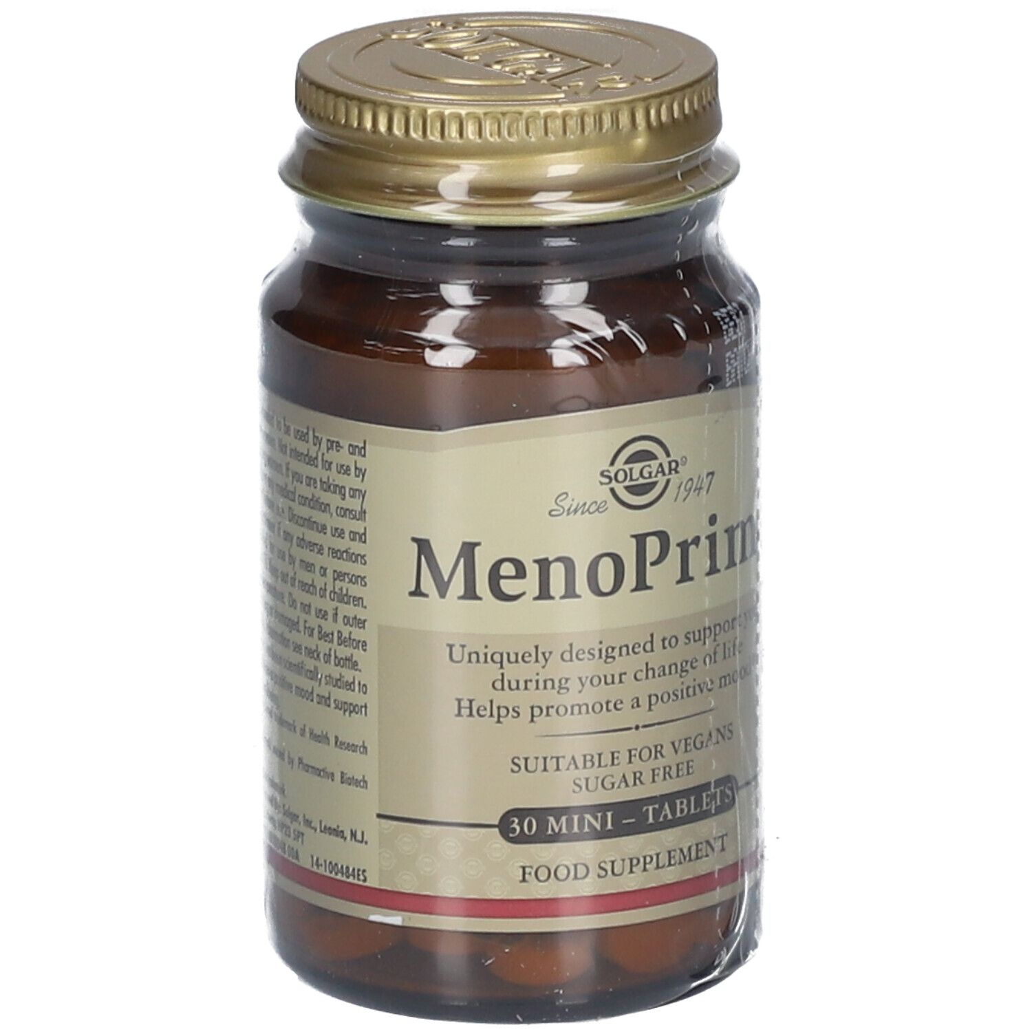 Flacone di vetro marrone con tappo dorato. Etichetta "Solgar MenoPrime" e testo. 30 mini-compresse.