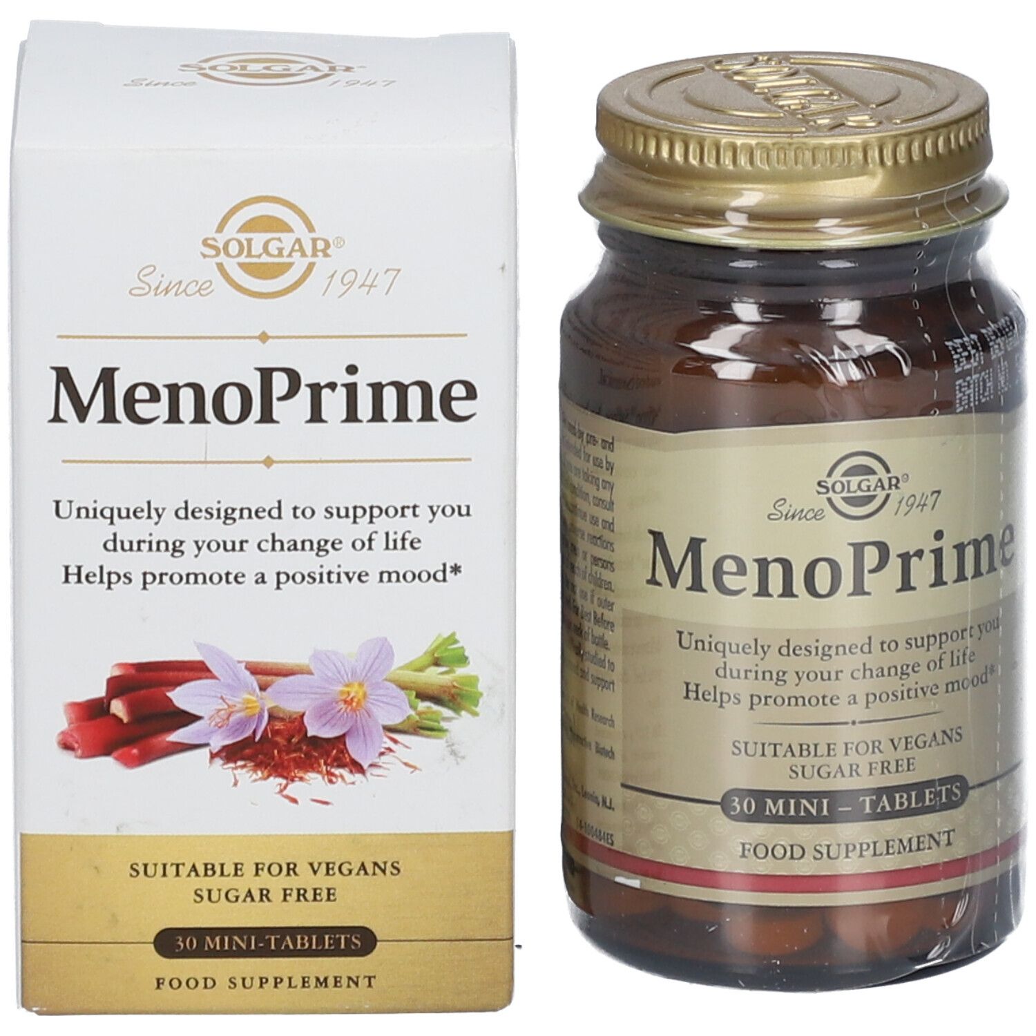 Confezione del prodotto con flacone e scatola. "Solgar MenoPrime". 30 mini-compresse. Immagine di zafferano.