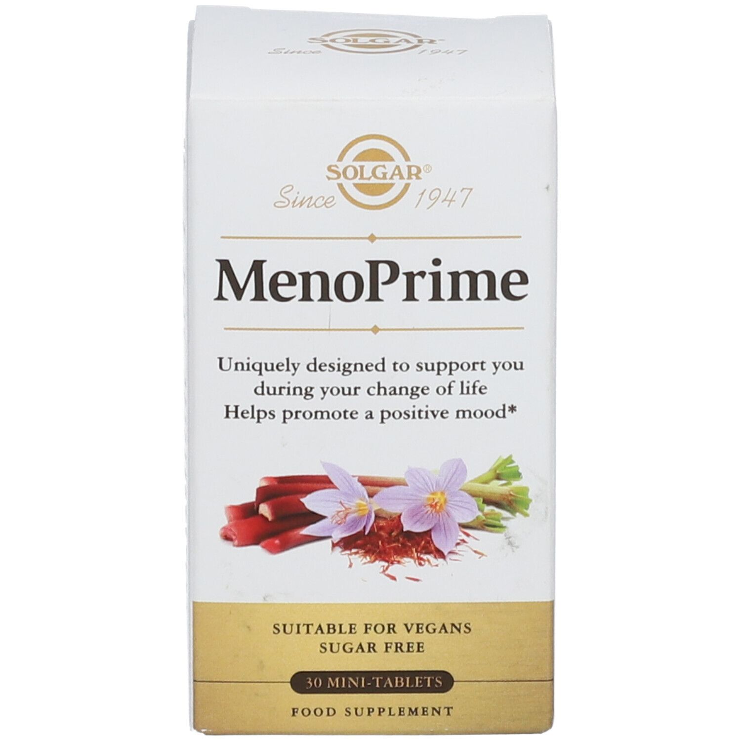 Scatola bianca con "Solgar MenoPrime". 30 mini-compresse. Immagine di zafferano.