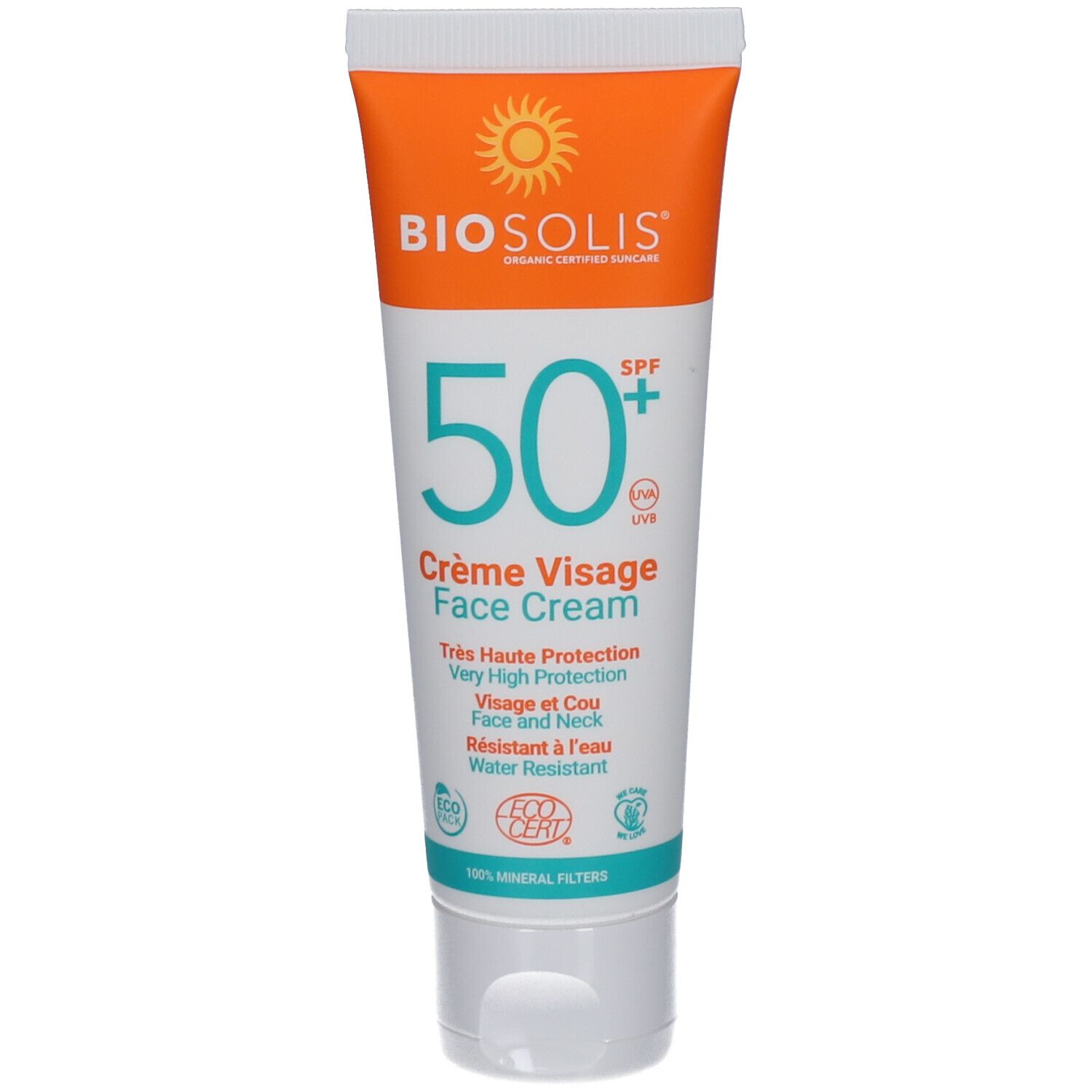 Tubo di crema solare. Confezione arancione e bianca. Scritta: BIO, 50+ SPF, Crème Visage Face Cream. Resistente all'acqua.