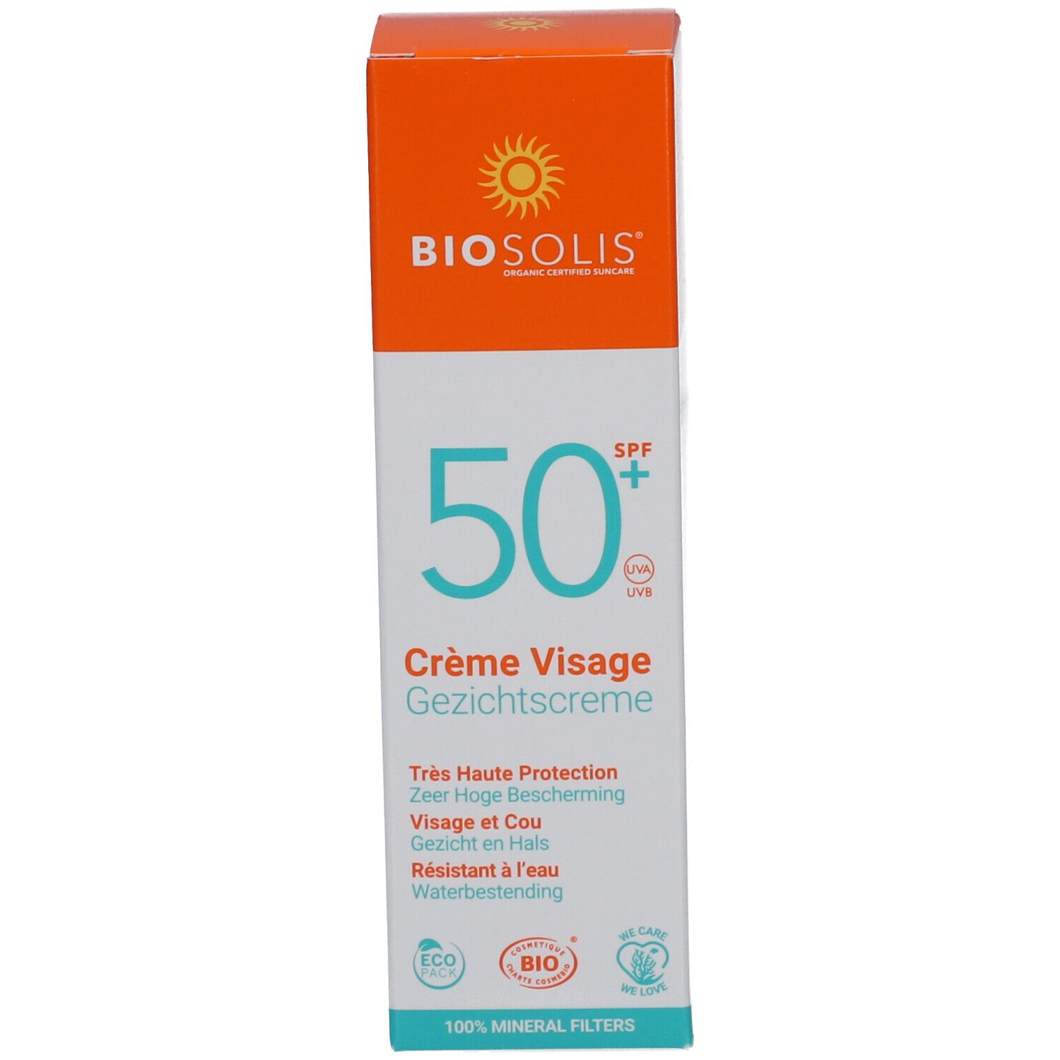 Scatola di crema solare. Confezione arancione e bianca. Scritta: BIO, 50+ SPF, Crème Visage Gesichtscreme. Resistente all'acqua.