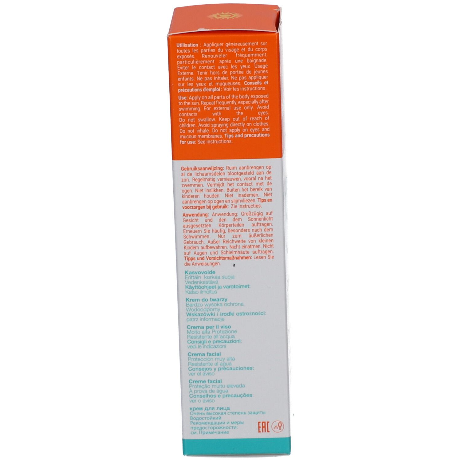 Scatola di crema solare, retro. Testo multilingue. Scritta: Istruzioni per l'uso, ingredienti, codice QR.