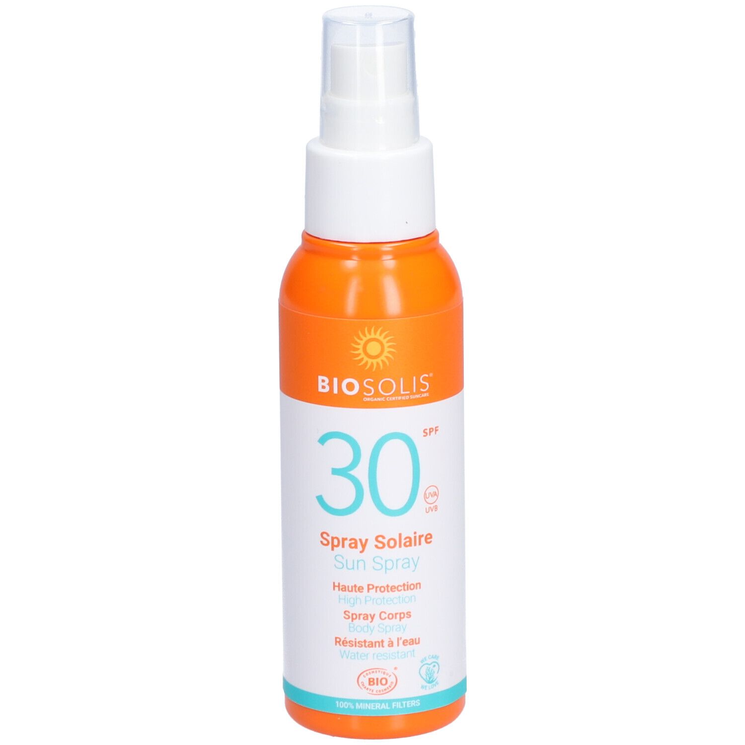 Flacone spray solare arancione e bianco. Scritta: BIO, 30 SPF, Spray Solaire, Sun Spray. Con erogatore.