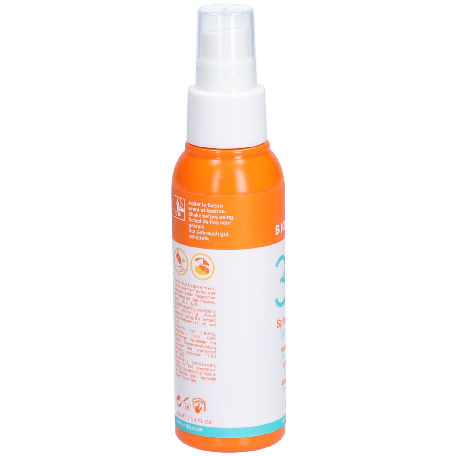 Retro del flacone spray solare. Arancione e bianco. Testo: Agiter la flacon, ecc. Con pittogrammi e testo.