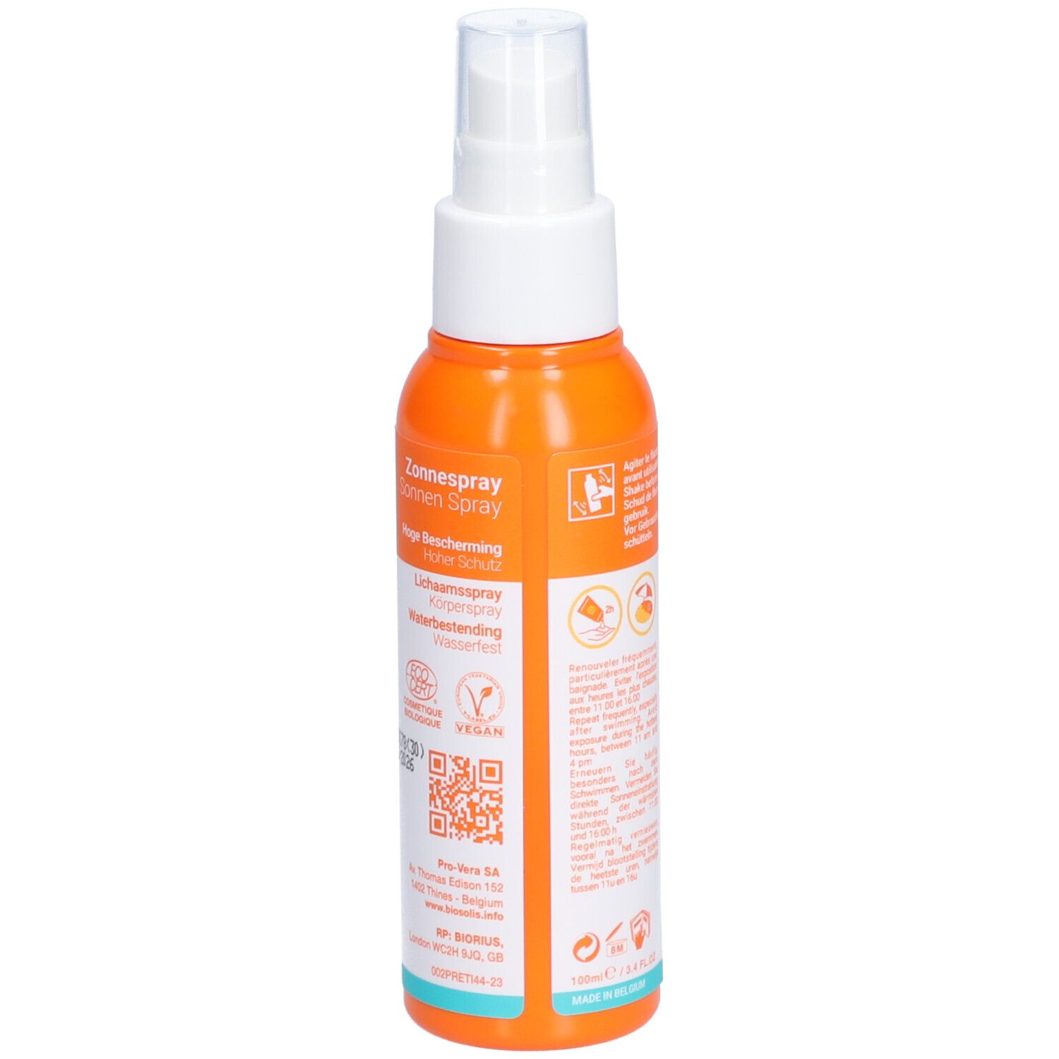 Retro del flacone spray solare. Arancione e bianco. Testo: Sonnenspray, alta protezione, ecc. Con pittogrammi.