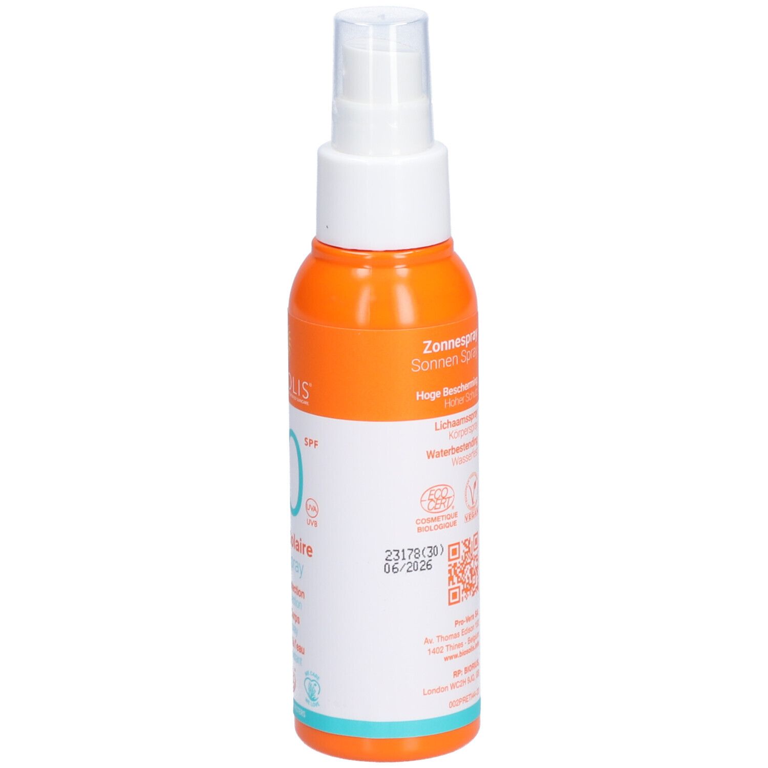Retro del flacone spray solare. Arancione e bianco. Testo: Sonnenspray, alta protezione, ecc. Con data di scadenza.