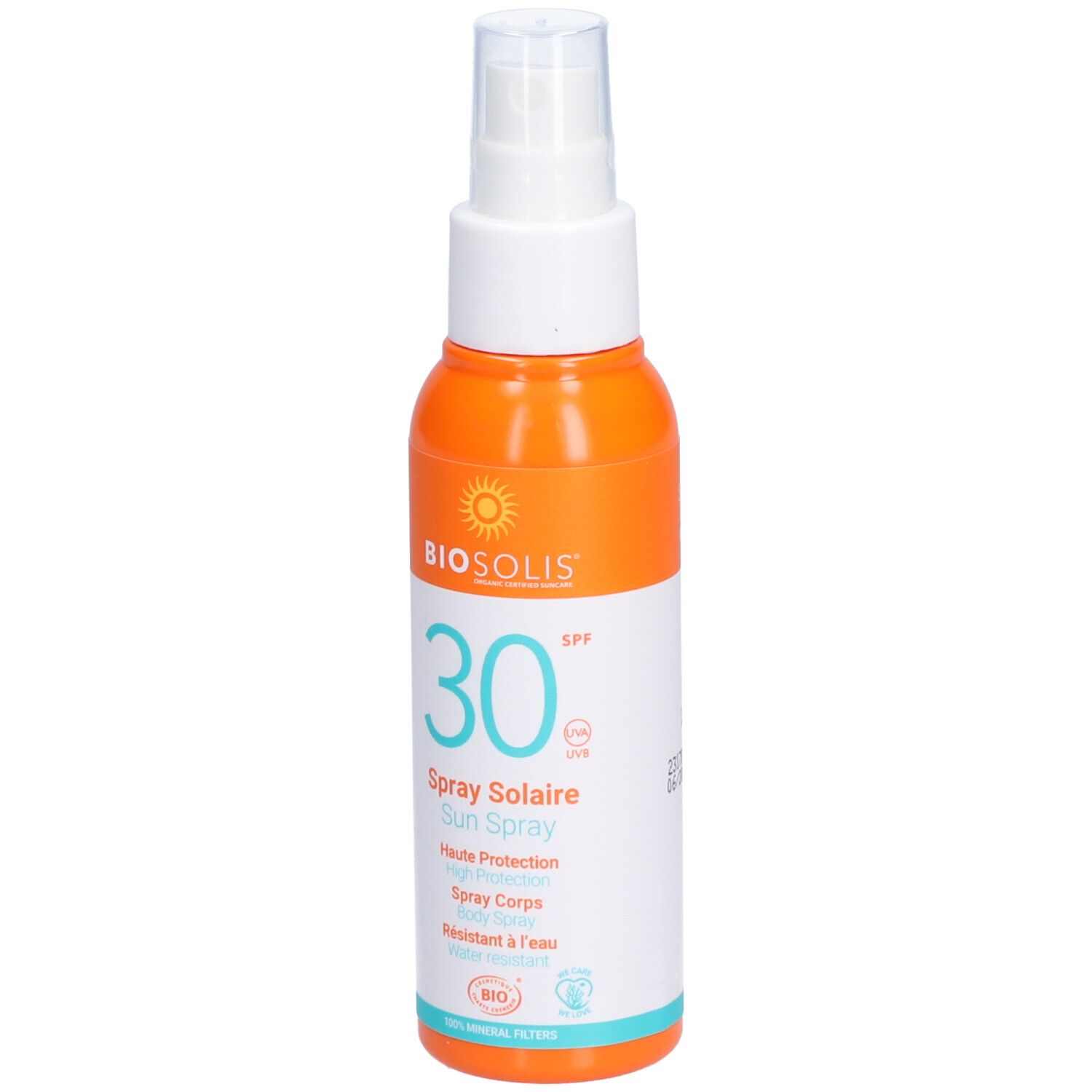 Flacone spray solare arancione e bianco. Scritta: BIO, 30 SPF, Spray Solaire, Sun Spray. Con erogatore.