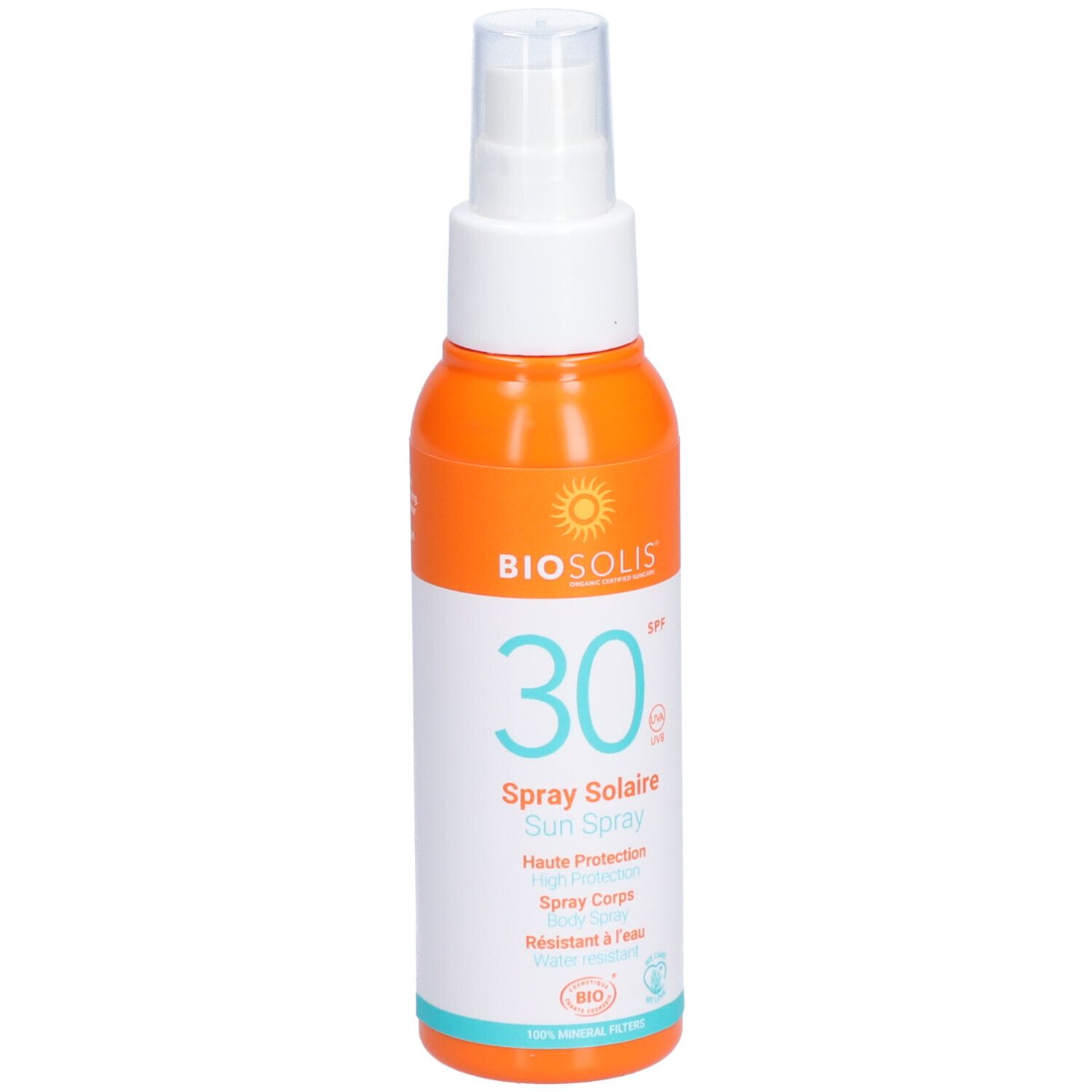 Flacone spray solare arancione e bianco. Scritta: BIO, 30 SPF, Spray Solaire, Sun Spray. Con erogatore.