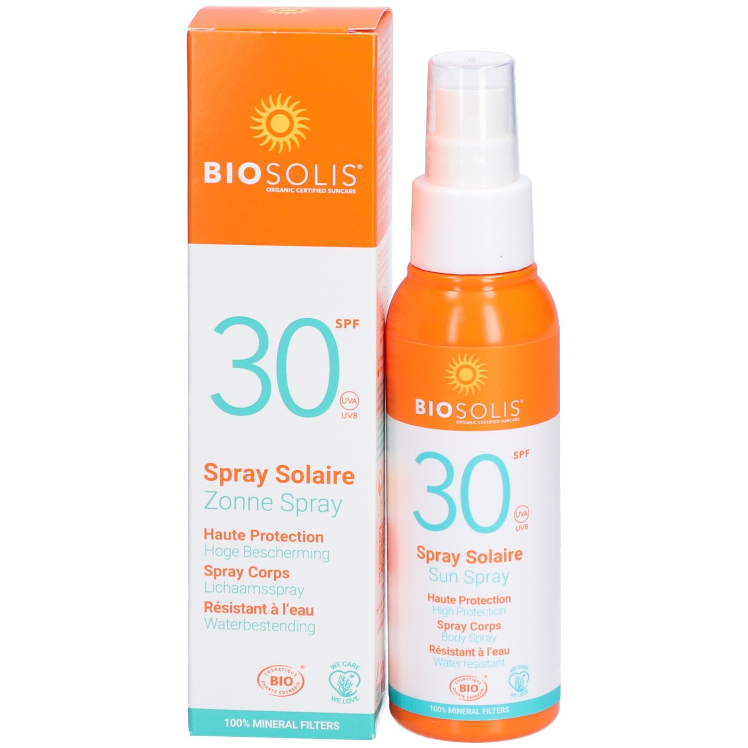 Flacone spray solare e confezione. Arancione e bianco. Scritta: BIO, 30 SPF, Spray Solaire, Sun Spray. Con erogatore.