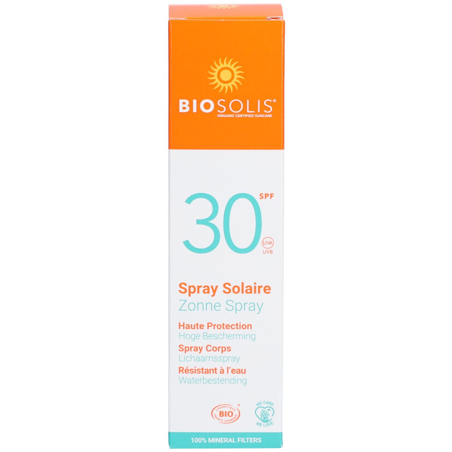 Confezione dello spray solare. Arancione e bianco. Scritta: BIO, 30 SPF, Spray Solaire, Sun Spray. Con testo.