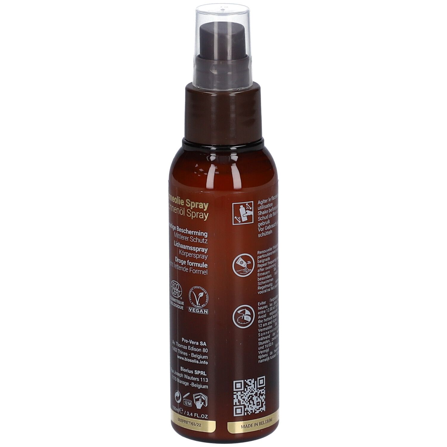 Retro di un flacone spray marrone. Testo: istruzioni per l'uso, certificazione BIO, logo Vegan.