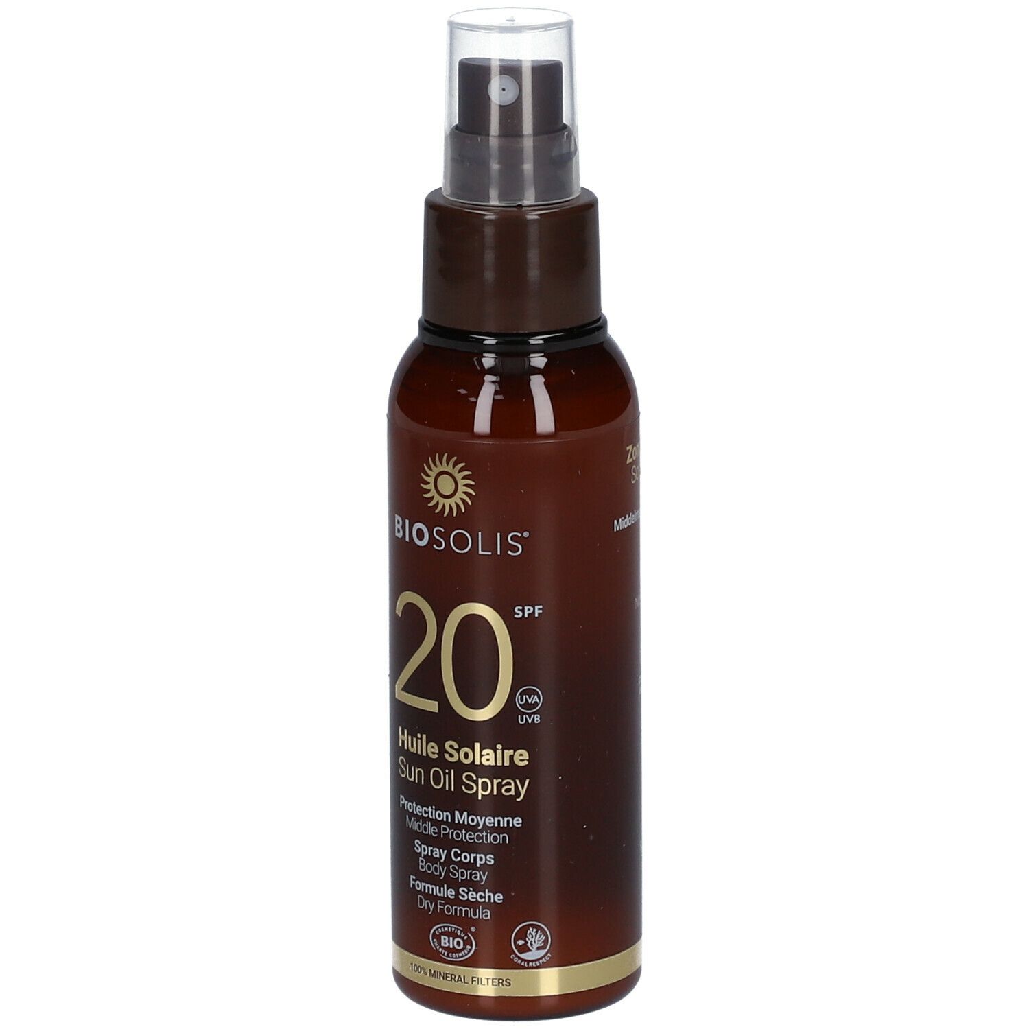 Flacone spray marrone con olio solare. Scritta: BIO, 20 SPF, Huile Solaire, Dry Formula.