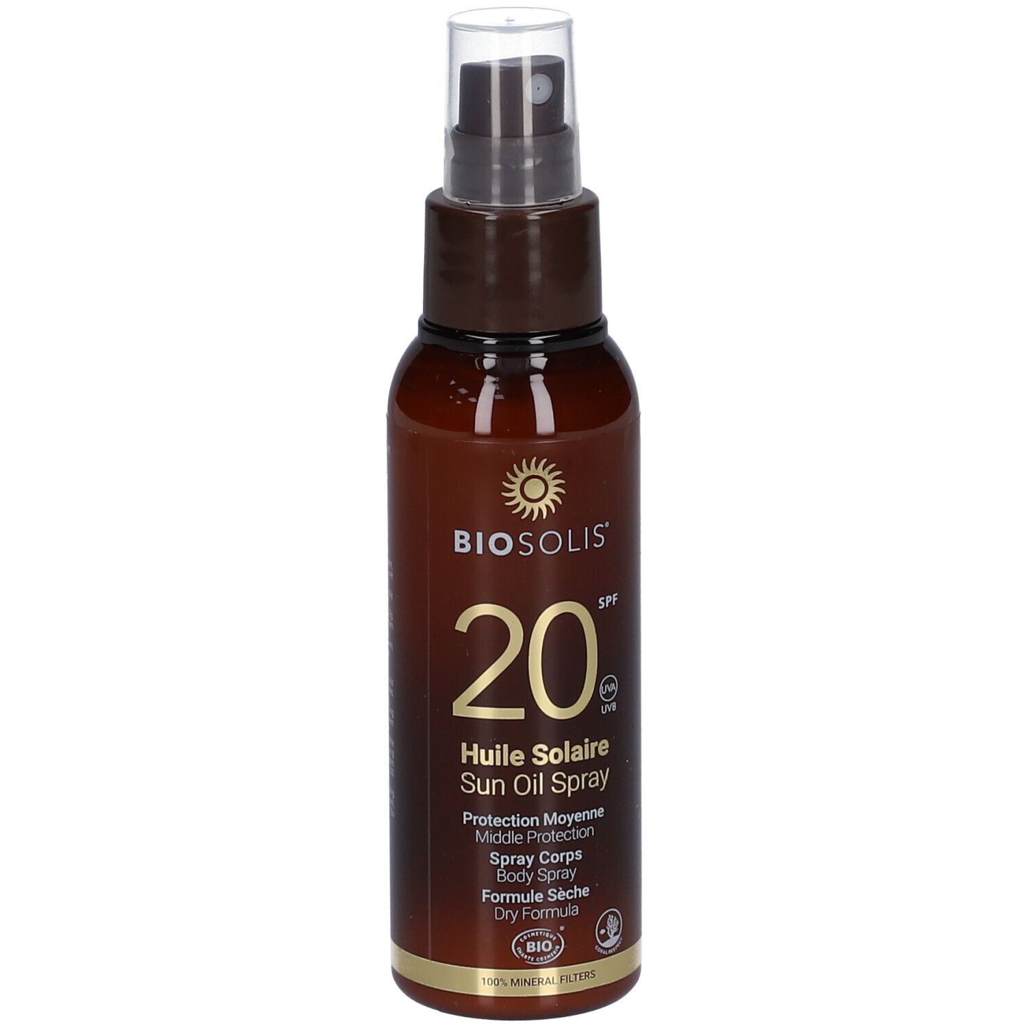 Flacone spray marrone con olio solare. Scritta: BIO, 20 SPF, Huile Solaire, Dry Formula.