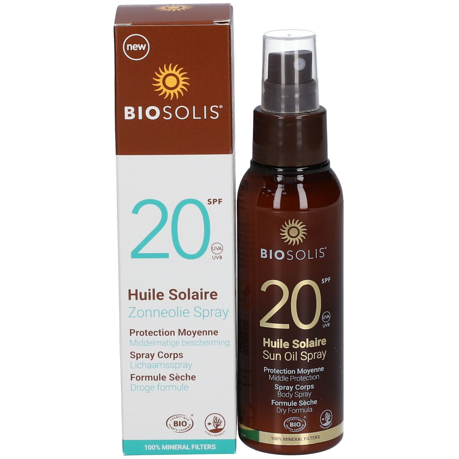 Confezione e flacone spray. Scritta: BIO, 20 SPF, Huile Solaire, Dry Formula.