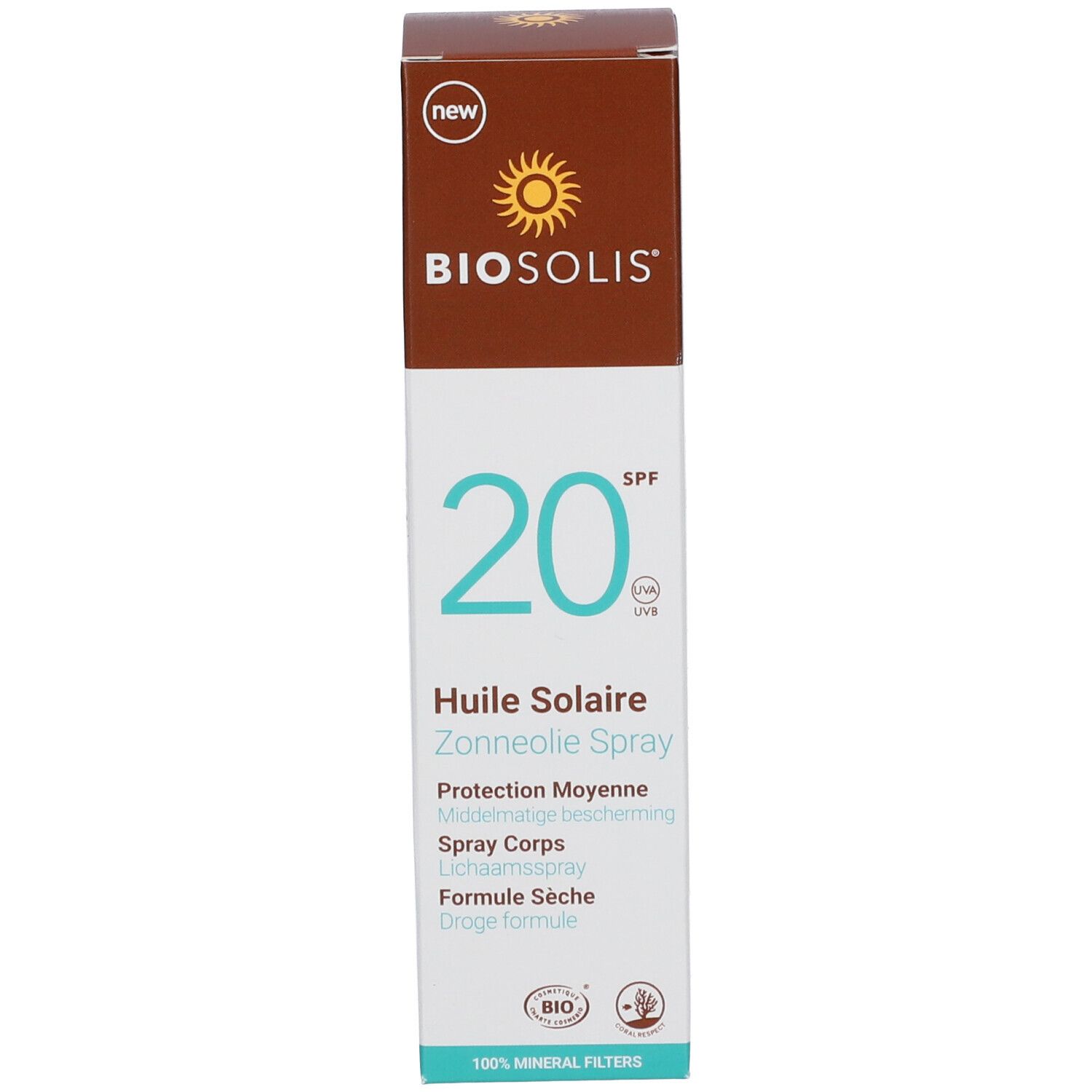 Confezione del prodotto. Scritta: BIO, 20 SPF, Huile Solaire, Dry Formula.
