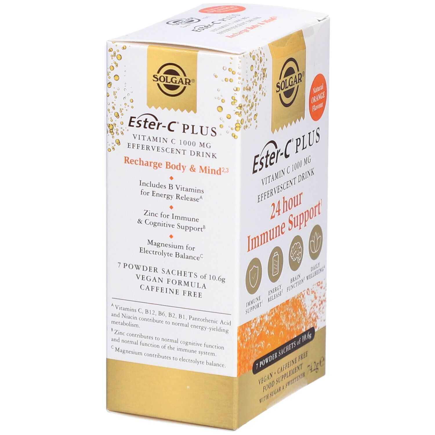 Solgar Ester-C Plus Vitamina C 1000 mg. Scatola con 7 bustine. Scritto: Supporto immunitario 24 ore, vegano, senza caffeina.