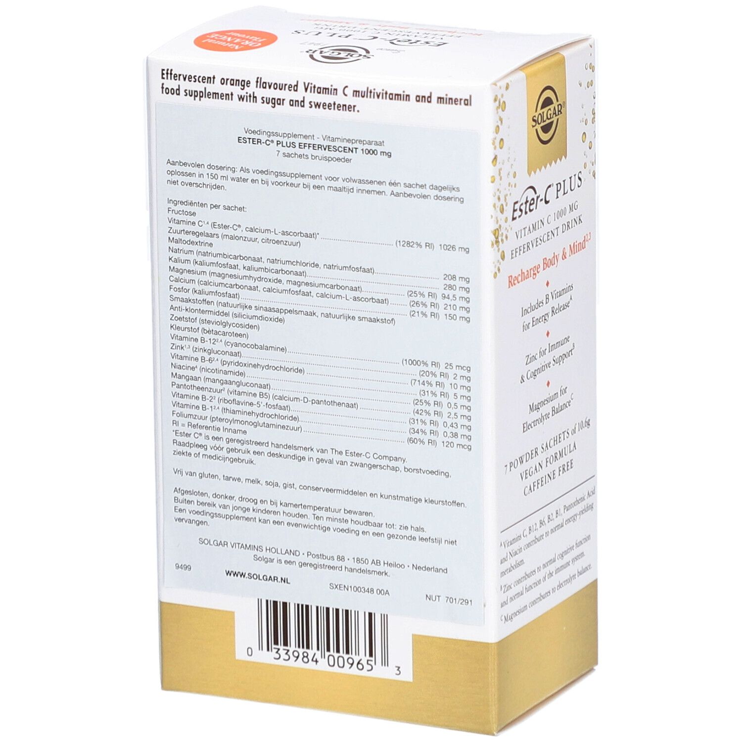 Solgar Ester-C Plus Vitamina C 1000 mg. Scatola con informazioni. Contiene ingredienti e informazioni nutrizionali.