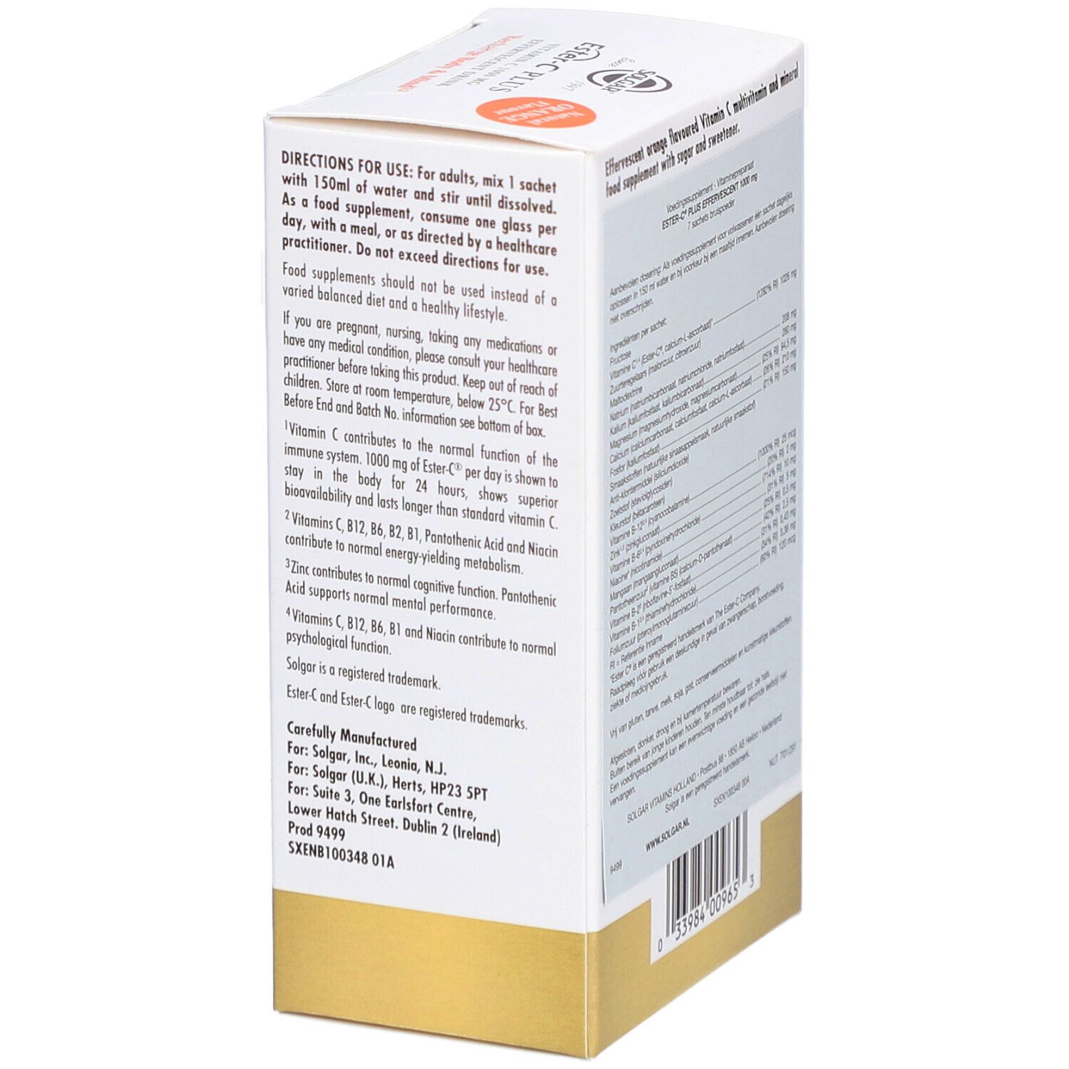 Solgar Ester-C Plus Vitamina C 1000 mg. Scatola con istruzioni. Contiene istruzioni per l'uso.