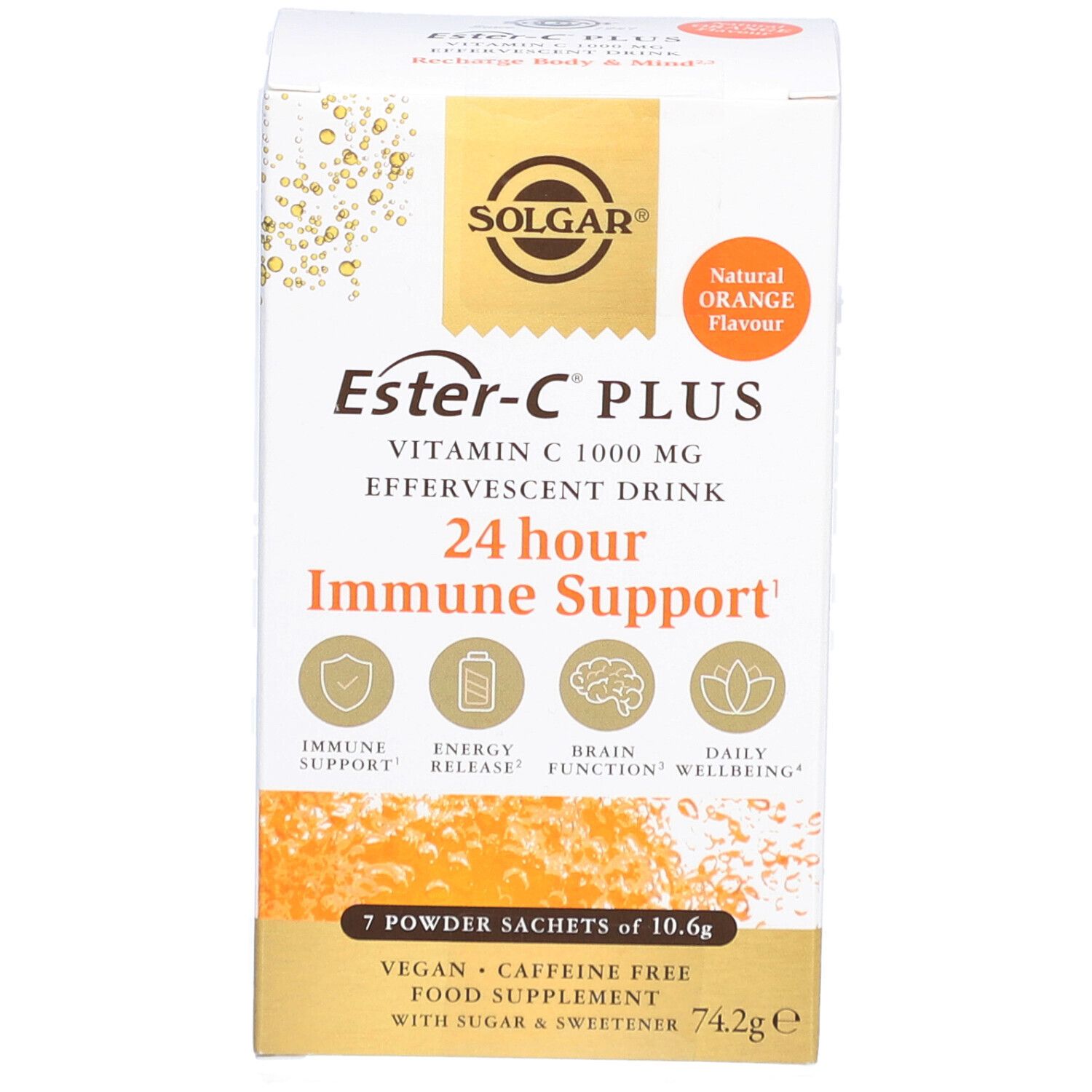 Solgar Ester-C Plus Vitamina C 1000 mg. Scatola con 7 bustine. Scritto: Supporto immunitario 24 ore, vegano, senza caffeina.