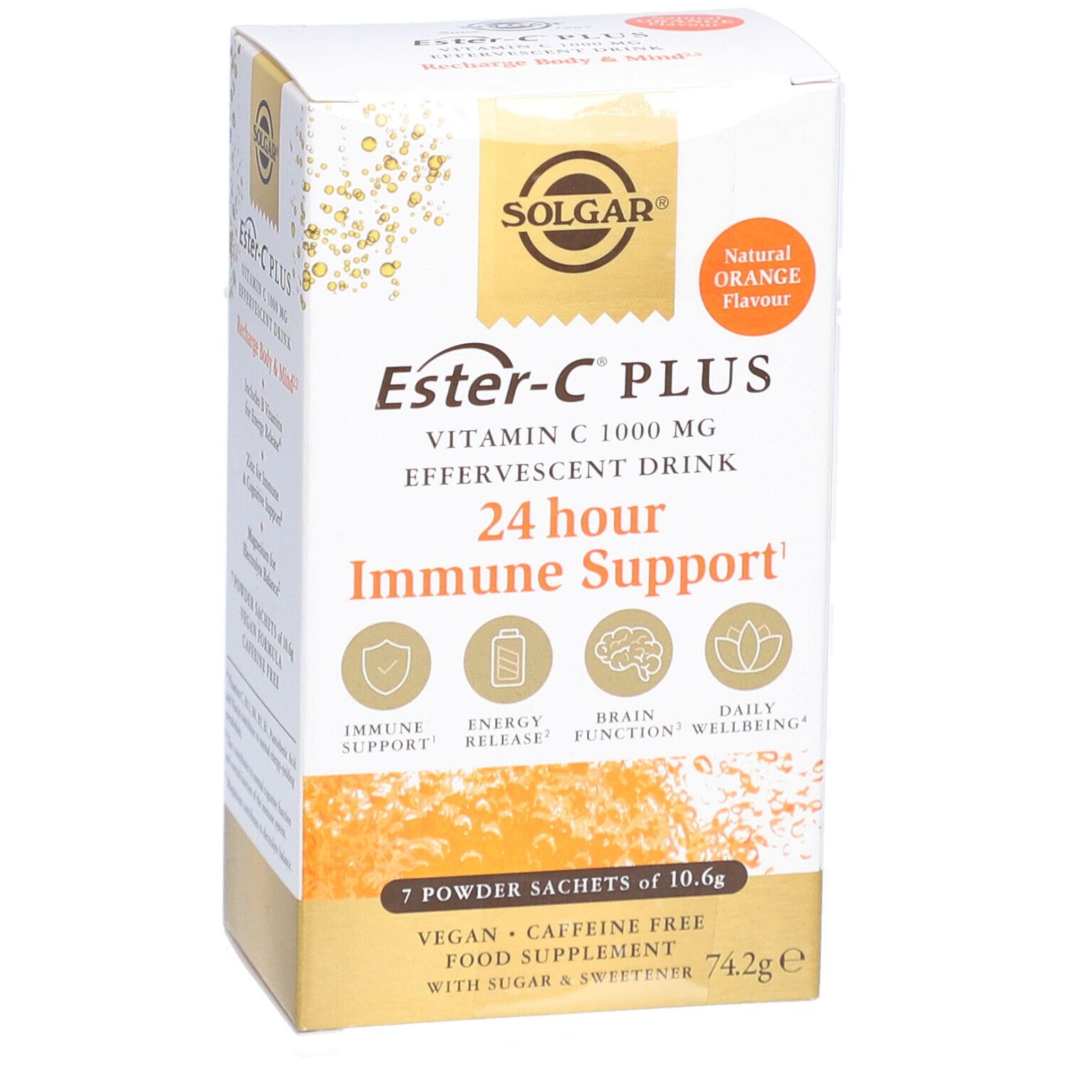 Solgar Ester-C Plus Vitamina C 1000 mg. Scatola con 7 bustine. Scritto: Supporto immunitario 24 ore, vegano, senza caffeina.