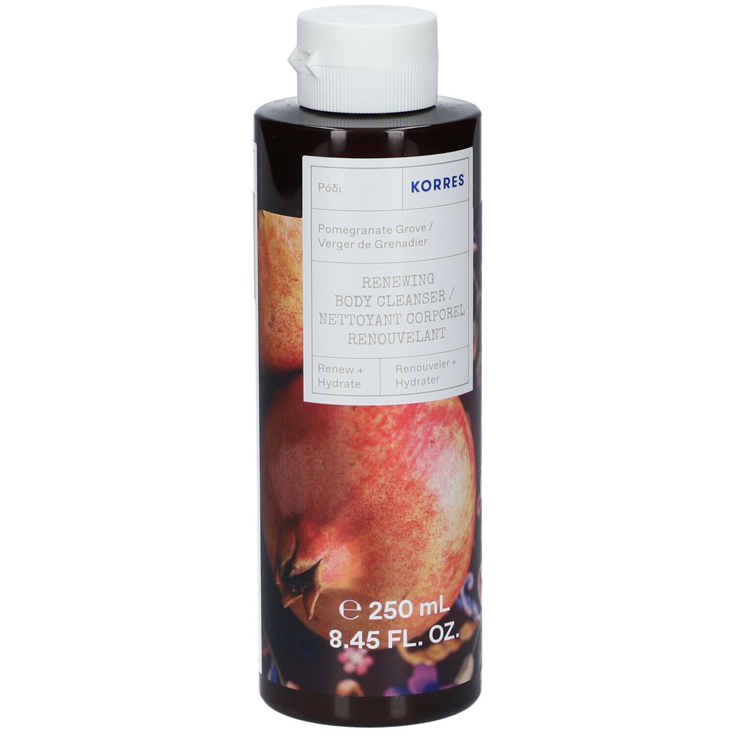 Gel doccia Korres. Bottiglia con tappo bianco. Etichetta con nome del prodotto e illustrazione di melograno. 250 ml.