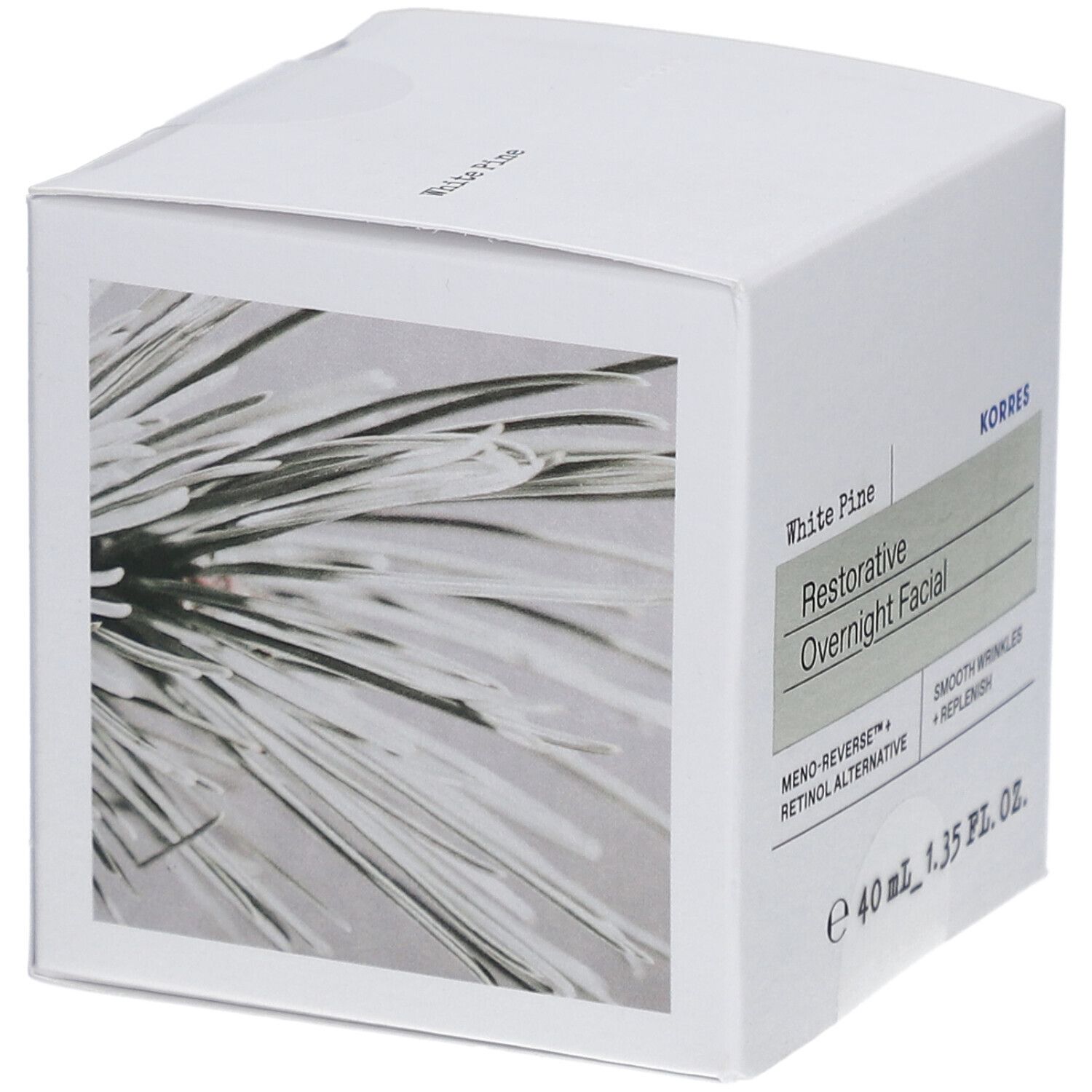 Confezione quadrata bianca con illustrazione di ramo di pino. Scritta: White Pine, Restorative Overnight Facial, KORRES.