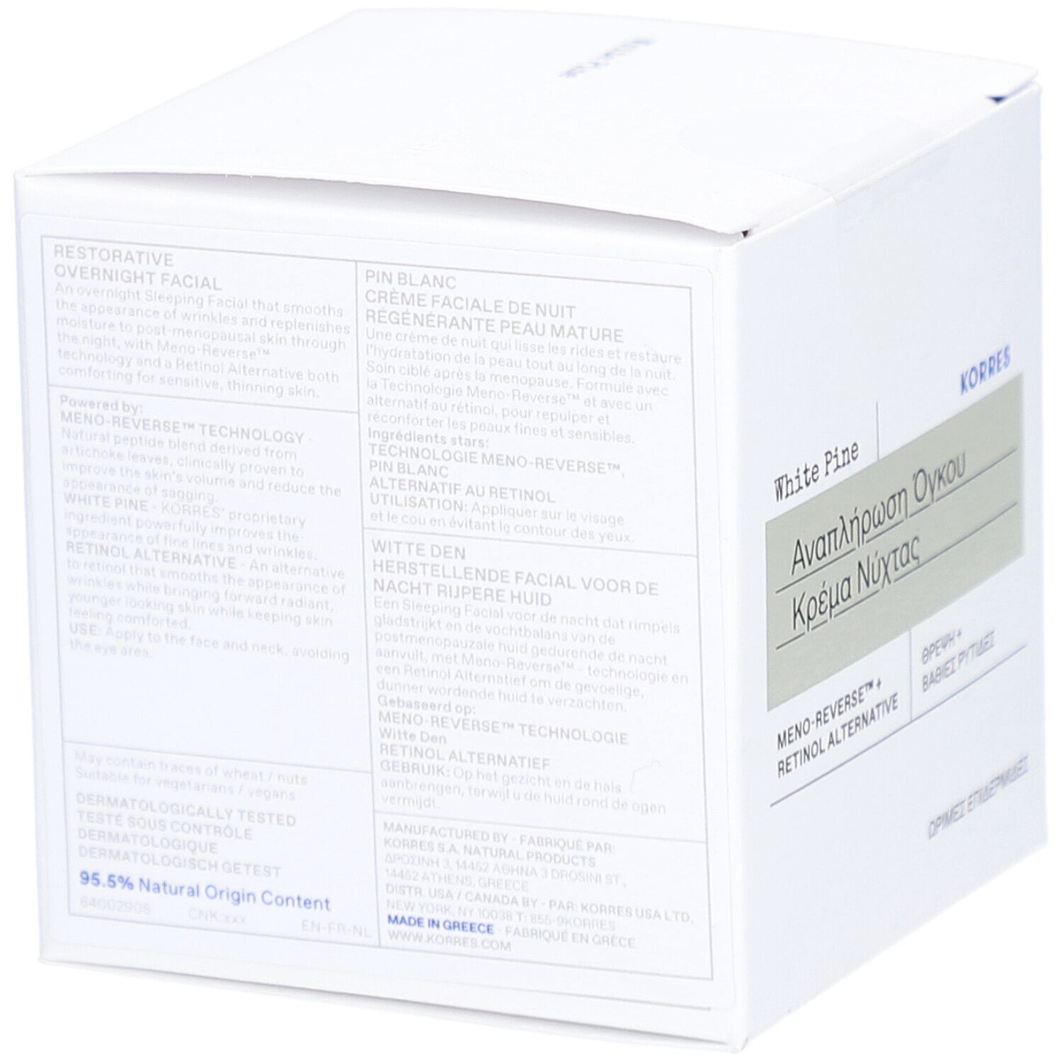 Retro di una confezione quadrata bianca con testo. Scritta: White Pine, KORRES.