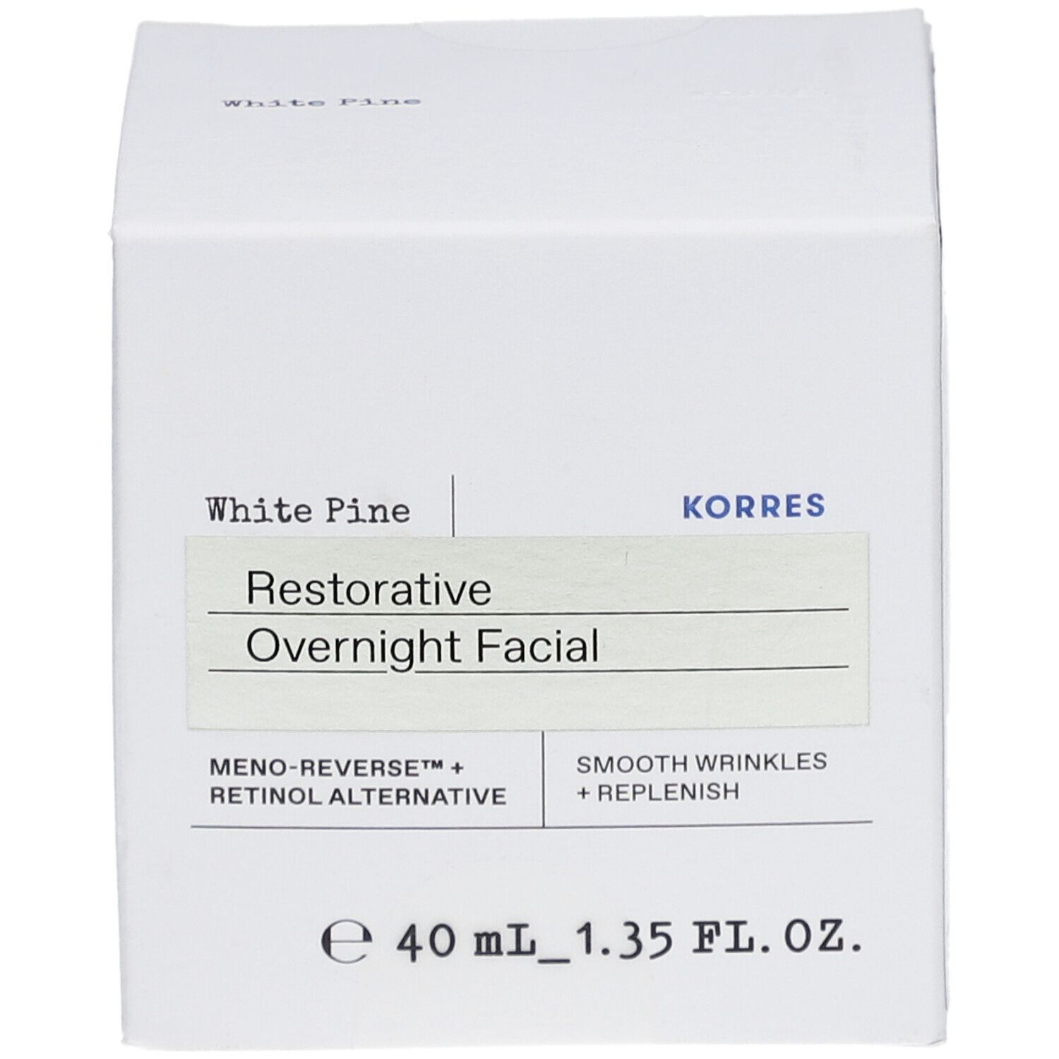 Confezione quadrata bianca con informazioni sul prodotto. Scritta: White Pine, Restorative Overnight Facial, KORRES.