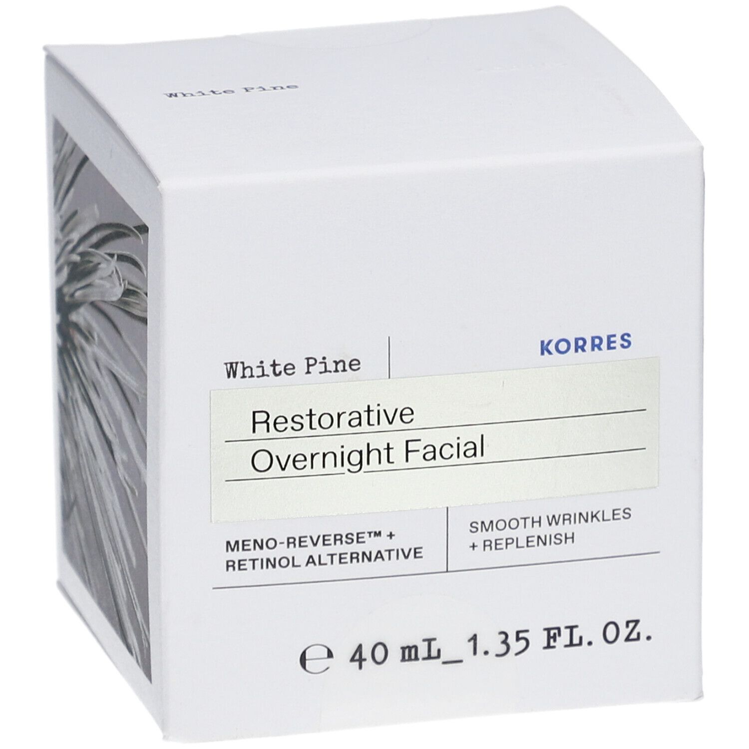 Confezione quadrata bianca con informazioni sul prodotto. Scritta: White Pine, Restorative Overnight Facial, KORRES.