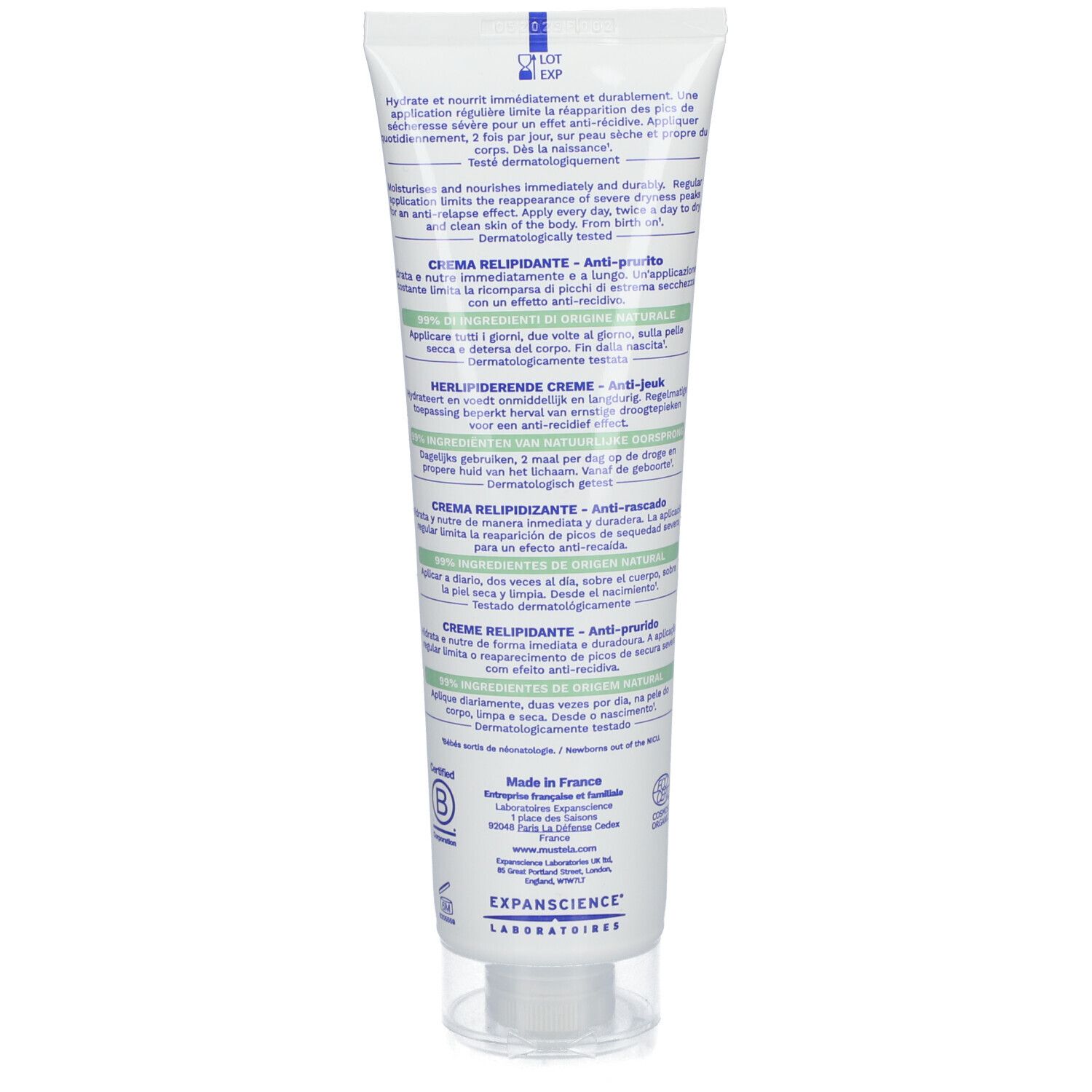 Retro del tubo crema Mustela Stelatopia+. Testo in tedesco, francese, italiano, olandese.