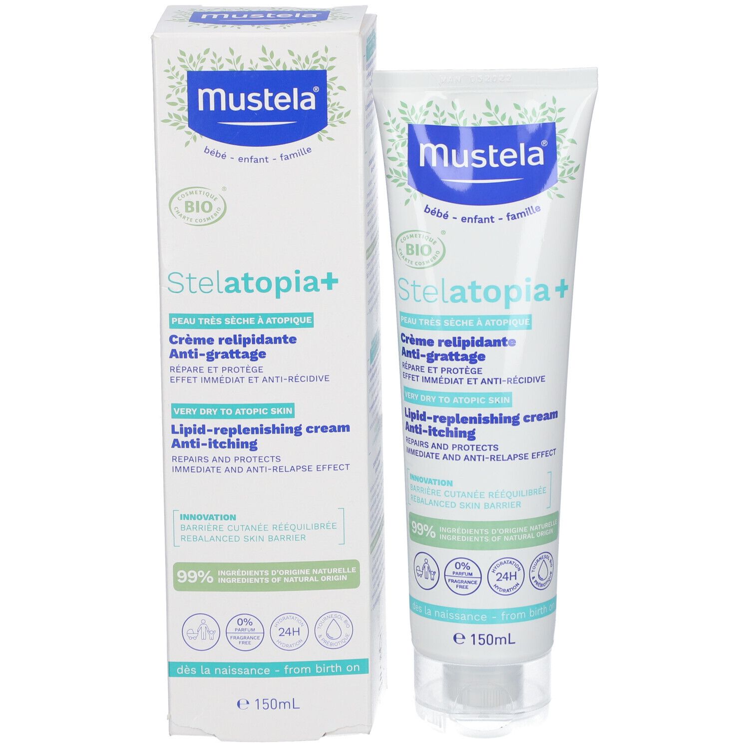 Crema e confezione Mustela Stelatopia+. Certificazione Bio. Crema anti-prurito per pelli molto secche.