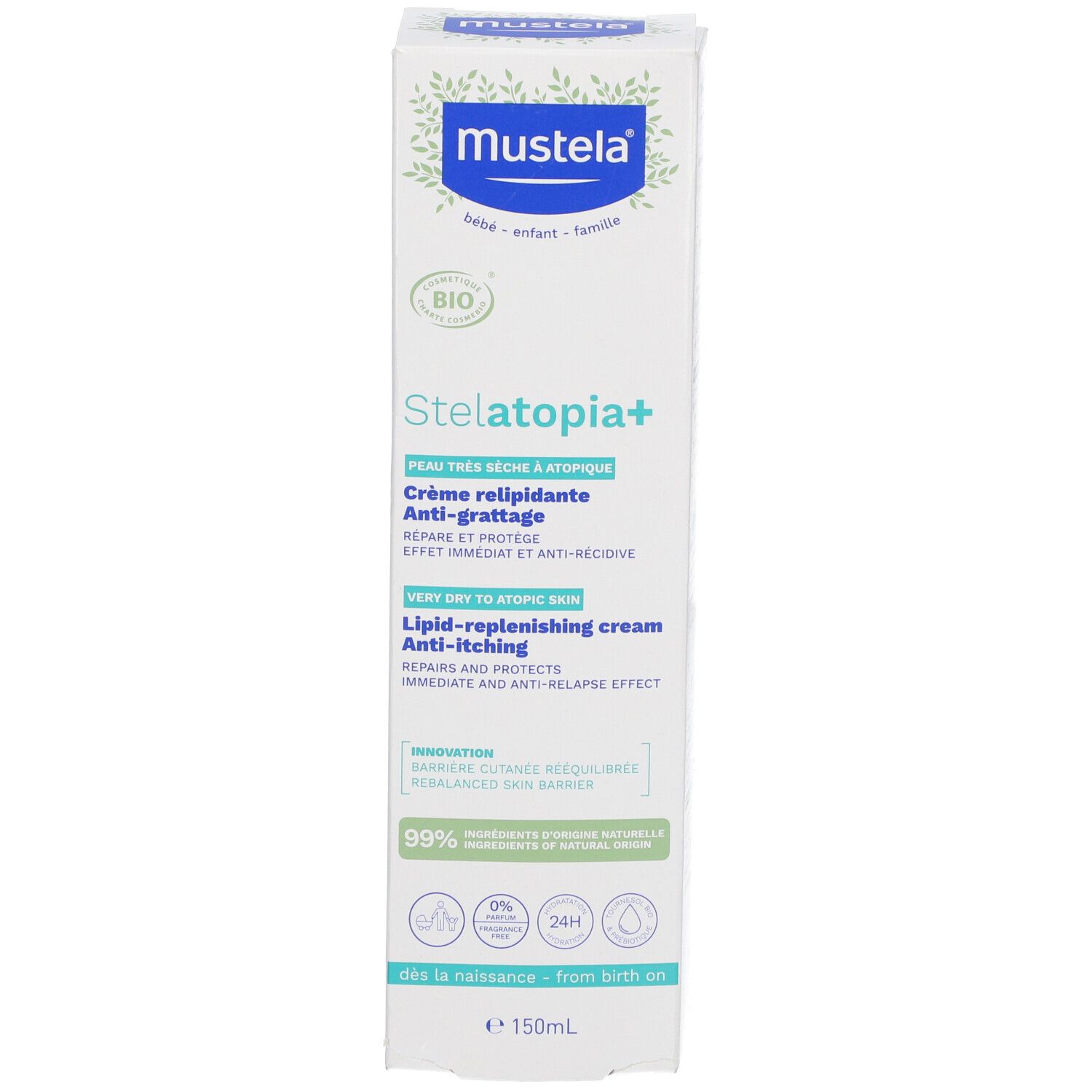 Confezione crema Mustela Stelatopia+. Certificazione Bio. Crema anti-prurito per pelli molto secche.