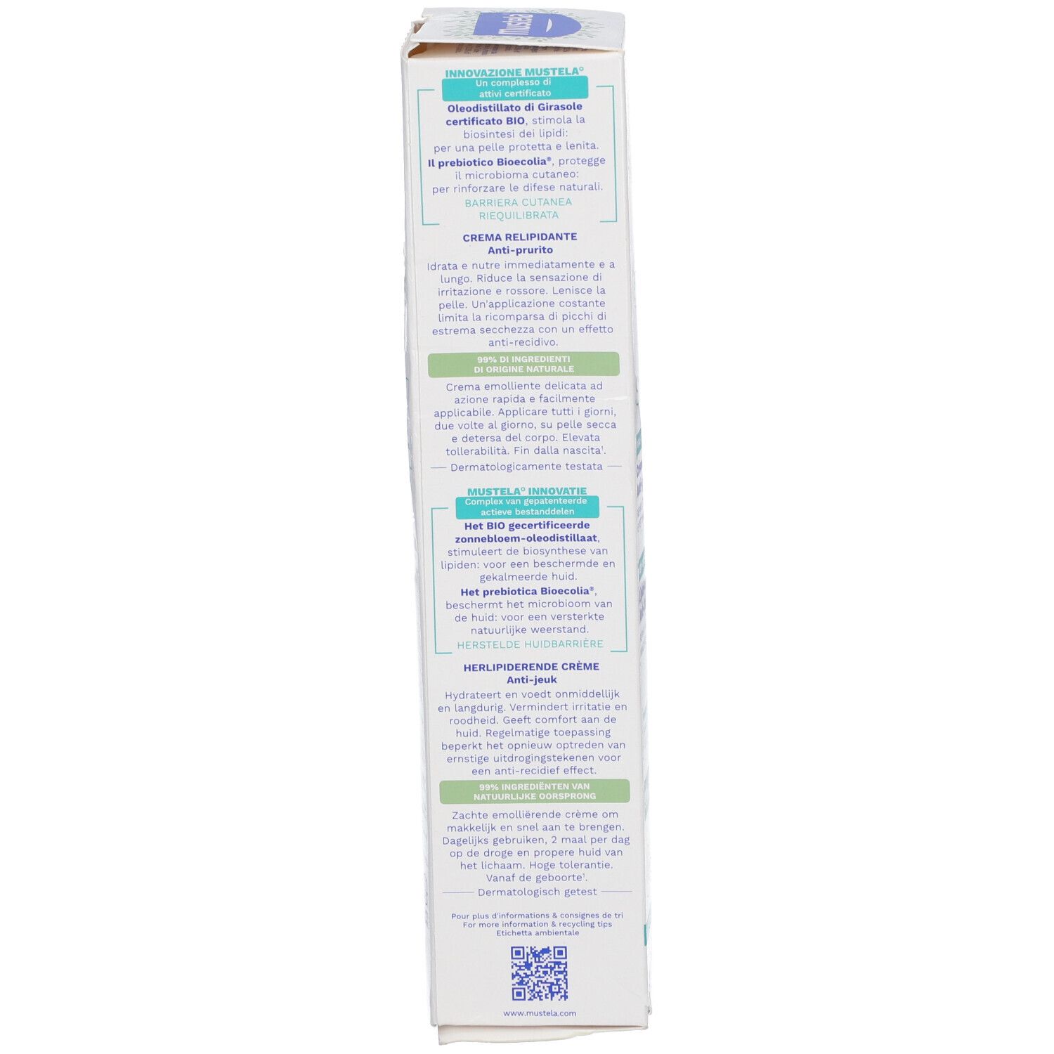 Confezione crema Mustela Stelatopia+. Testo in italiano. Certificazione Bio.