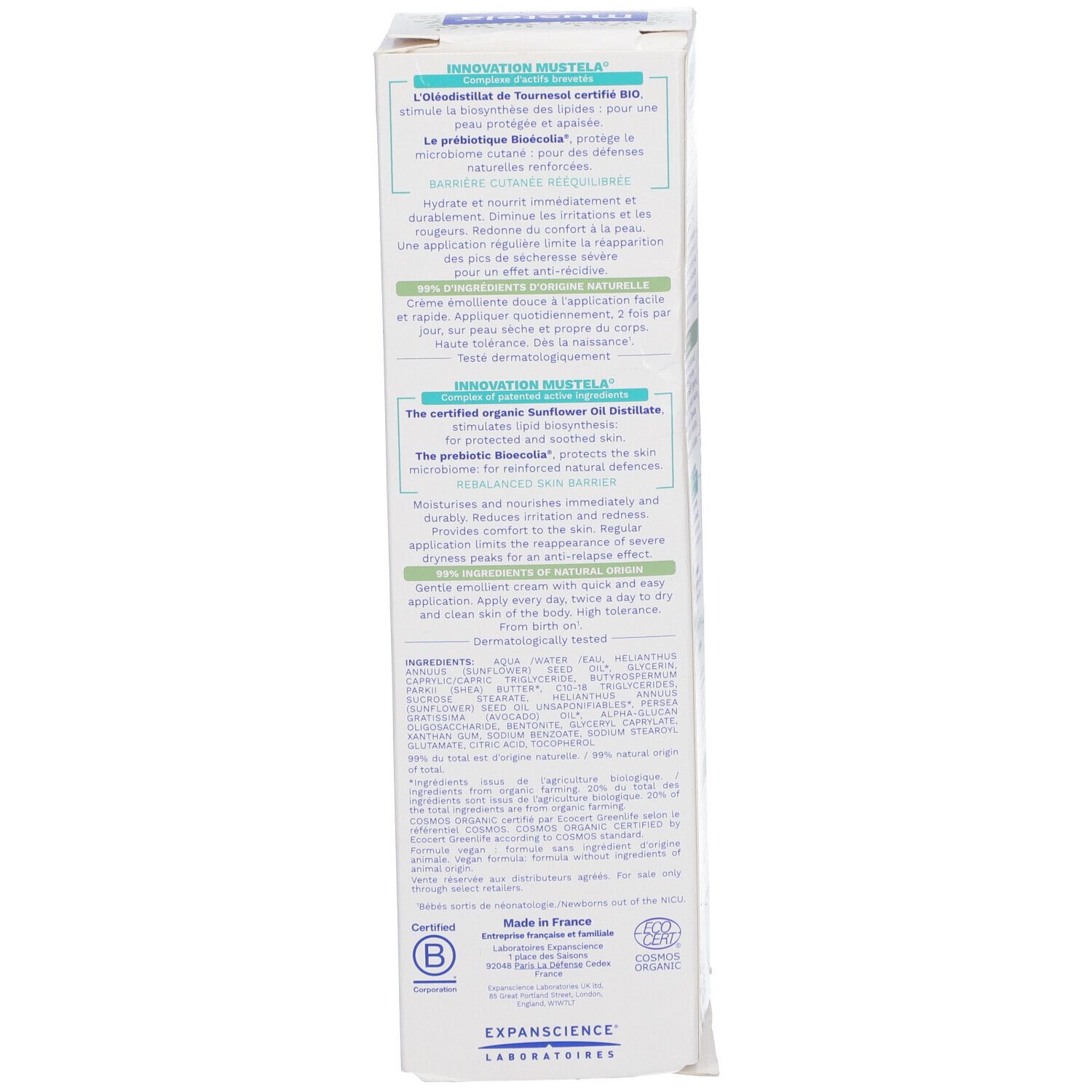 Confezione crema Mustela Stelatopia+. Testo in tedesco. Certificazione Bio.